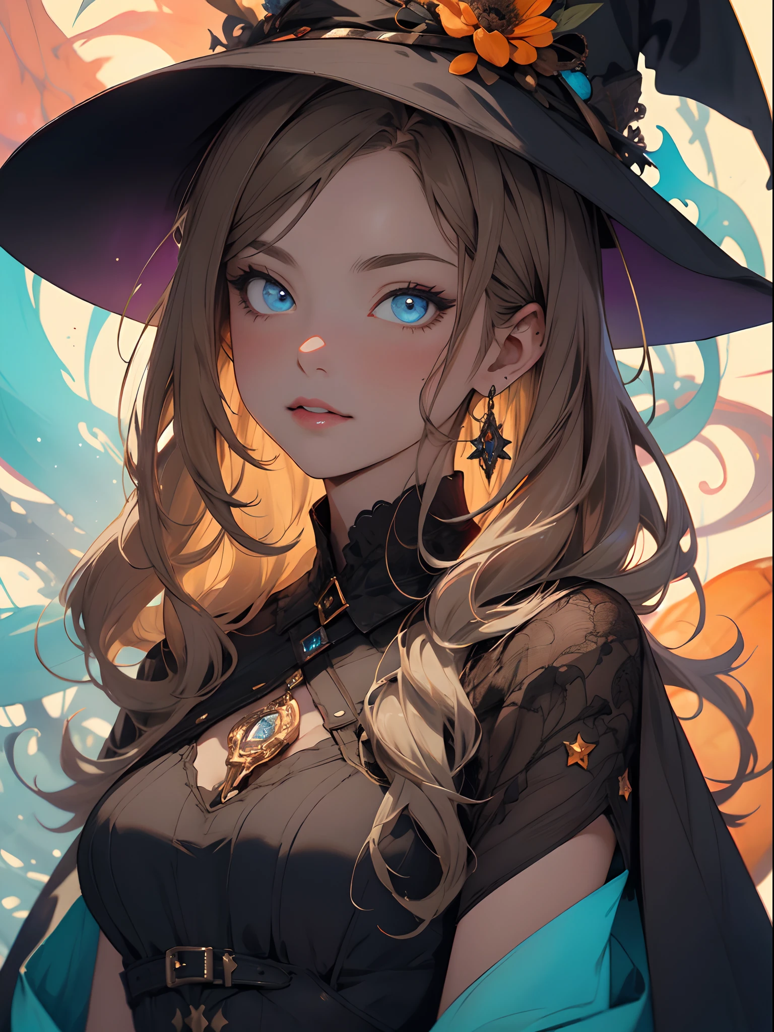 absurdres, highres, ultra detailed,Realistic, (Masterpiece, Superior Quality, Best Quality, Official Art, Beauty and Aesthetics: 1.2), Very Detailed, Fractal Art, Colorful, orange color palette in the background. More Detailed, Zentangle, (Abstract Background: 1.5) (1girl: 1.3), beautiful  witch, Brown Skin, Brown Hair, Long Hair, (Bright Blue Eyes),pumpkin earrings,  [Jack-o'-Lantern], Mysterious, (Magic), witch's hat and gothic robe ,Halloween atmosphere,