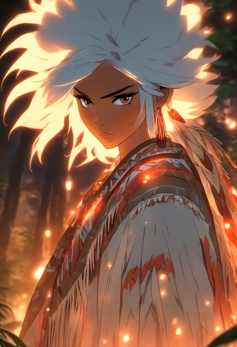 (((Indigenous woman with white hair))) best quality, very high resolution, detailed CG in 4K, masterpiece, white hair, night, moon in the background, night tones, amazon brazil, indigenous, indigenous tribes, indigenous city, forest, aesthetics, beautiful image, centered on screen, full body