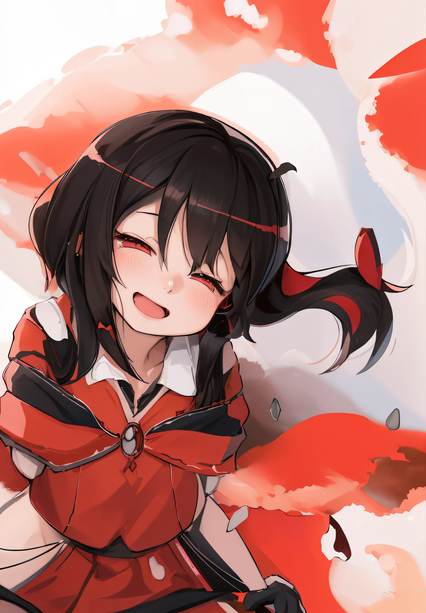 anime girl with long hair and a red jacket sitting on a rock, anime moe artstyle, [[[[grinning evily]]]], megumin, kantai collection style, artistic render of reimu hakurei, black - haired mage, iwakura lain, from touhou, reimu hakurei, beautiful illustration、top-quality、e litrl s