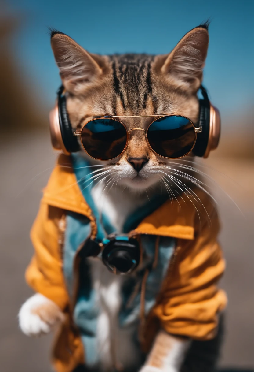 Perfect centering, cute little cat, Wear a jacket, Wearing sunglasses, Wearing headphones, cheerfulness, Standing position, Abstract beauty, Centered, Looking at the camera, Facing the camera, nearing perfection, Dynamic, Highly detailed, smooth, Sharp focus, 8K
