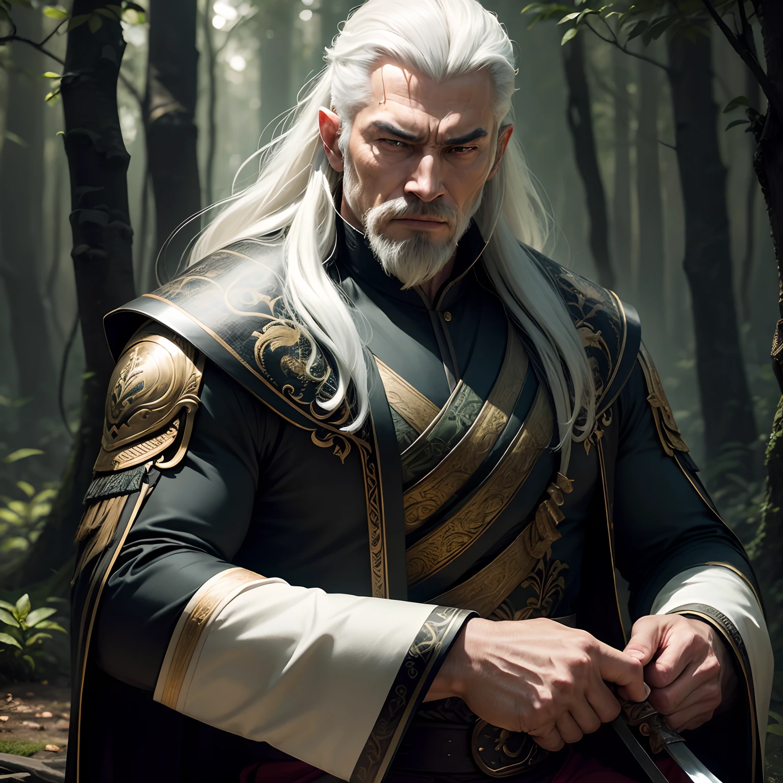 The wallpaper is a forest, a man named Phong, Best quality, masterpiece, swordsman, ultra high resolution, detailed background, realistic, hadesstyle, solo, male, mature, bara, mature male, long white hair, facial hair, (theme), dark fantasy, evil, depth of field, coughing