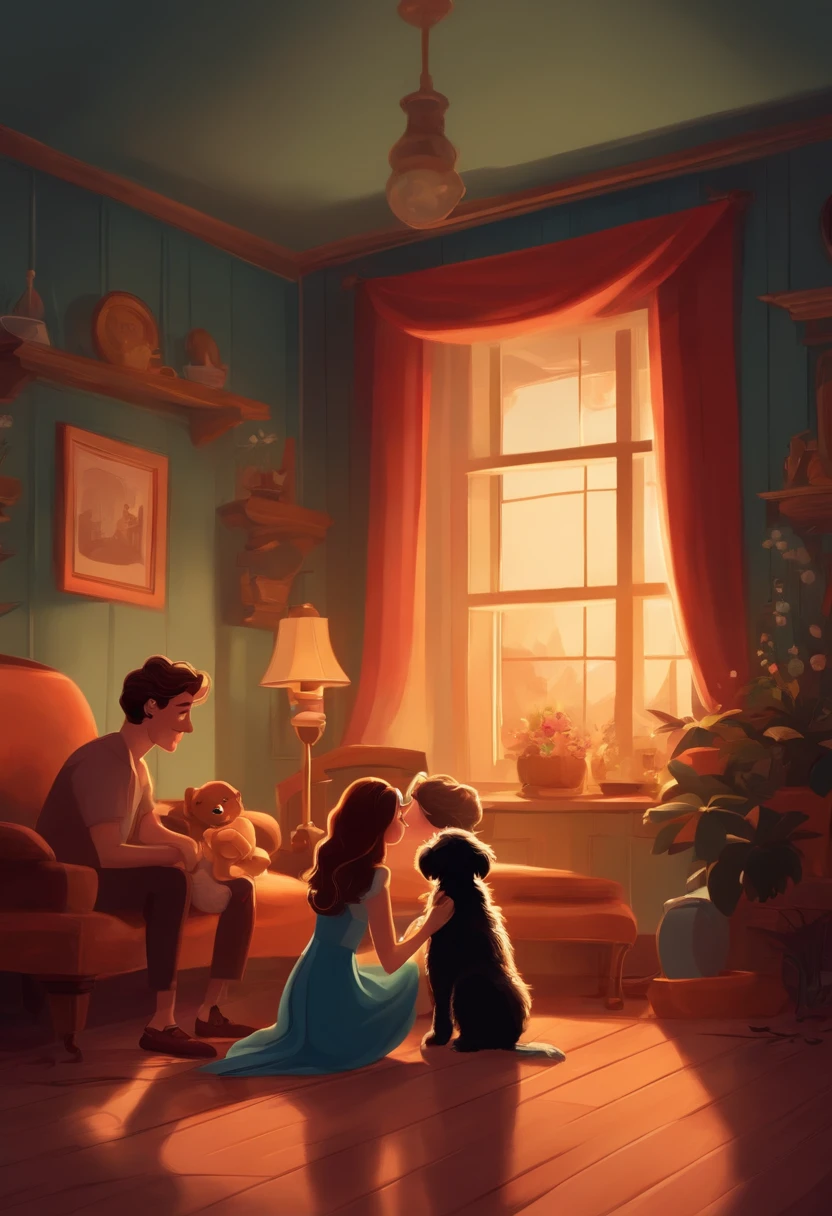 Disney-inspired cartoon illustration: In a room illuminated by the soft light of evening. 25 years old couple playing with cavopoo puppy