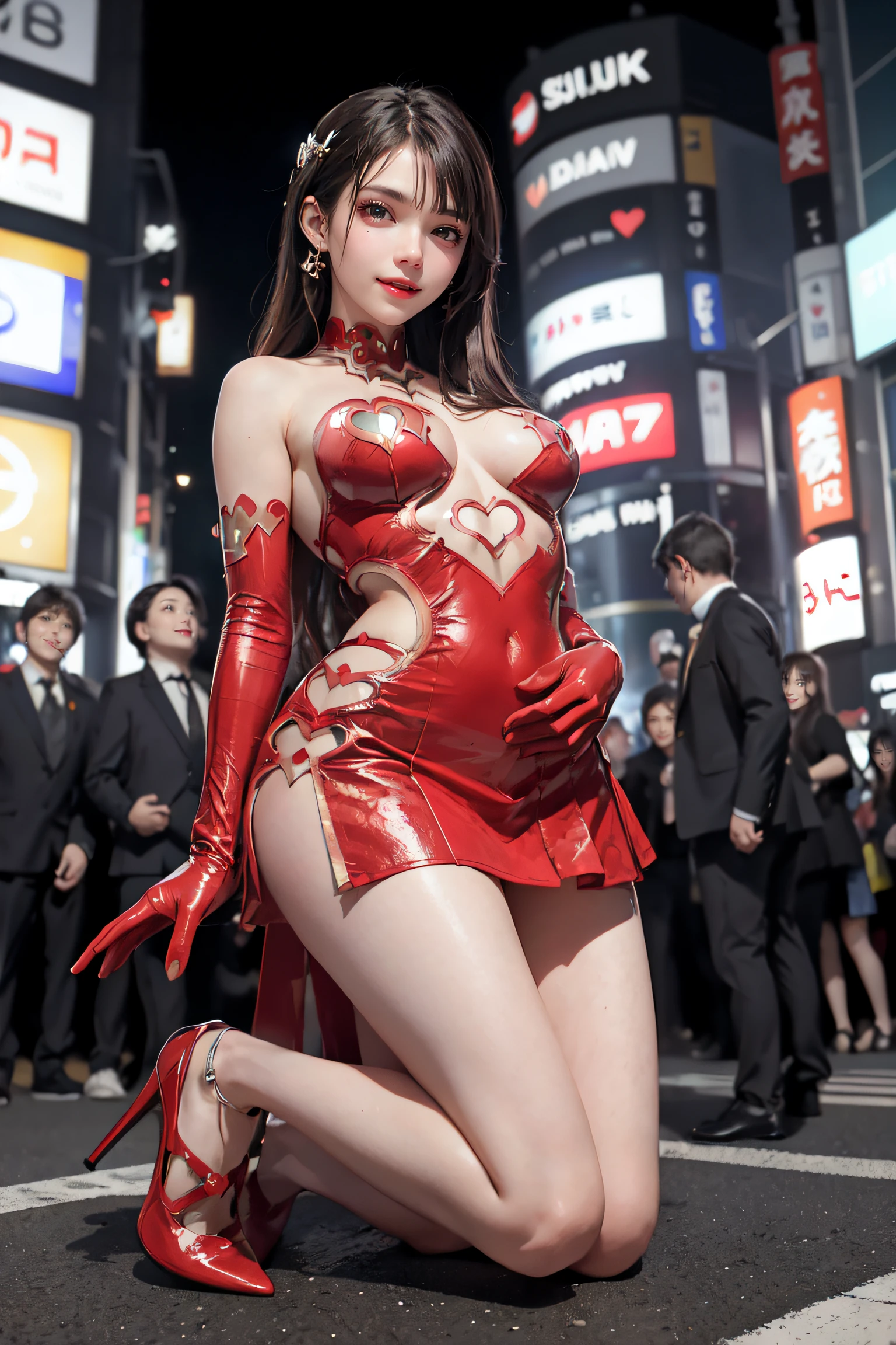 masterpiece, top-quality, top-quality, Beautifully Aesthetic:1.2, 1girl, Halloween night, ((Wearing a high-quality heart-shaped cutout Red costume, gloves, miniskirt):1.2), (Silver pin heels:1.1), high detailed, (kneeling with hands on the ground:1.3), large breasts, firm breast, nicely shaped breasts, slender figure,
((Dark Brown Hair)), wavy hair, (medium long hair:1.2),
((in the middle of very crowded Shibuya's scramble crossing at late night:1.2)), ((Surrounded by many people wearing various costumes)), (Full body shot:1.1), (From below:1.3),