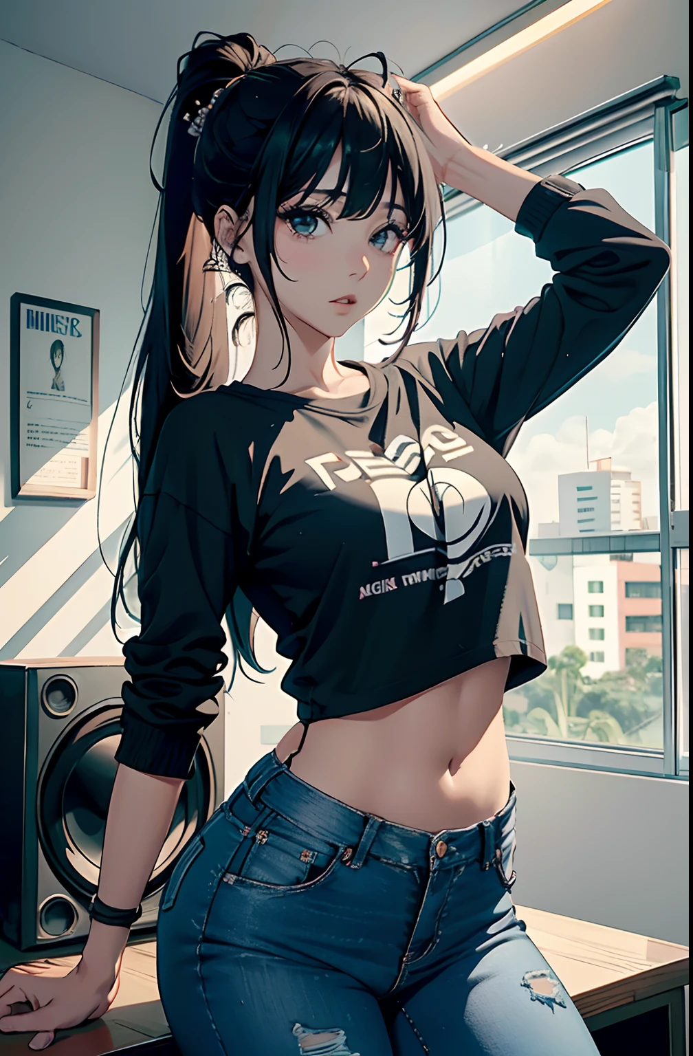 (Hinata Hyuga, muito sensual, com roupas apertadas, bunda grande, pernas grossas, Wearing extremely tight jeans, usando uma mini blusa, umbigo com pirsing, cabelo grande, Speaker behind, muito realista, extremamente sexy, 8k, 8k extremamente detalhado), (um extremamente delicado e bonito), (obra-prima), (melhor qualidade: 1.0), (ultra highres:1.0)