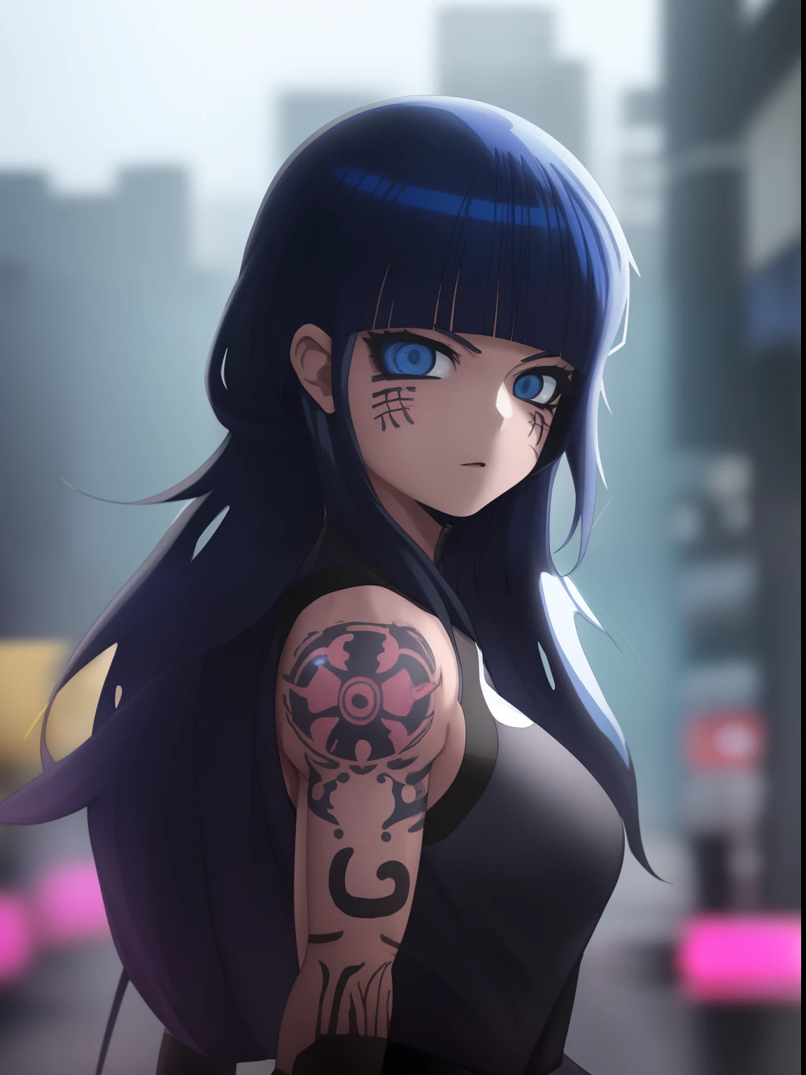 Menina anime com cabelo azul e tatuagens em uma cidade, menina de anime feminino, Menina, garota anime , arte digital do anime - arte de anime, estilo anime 4K, arte de anime badass anime 8 k, menina bonita, menina moderna sonhadora