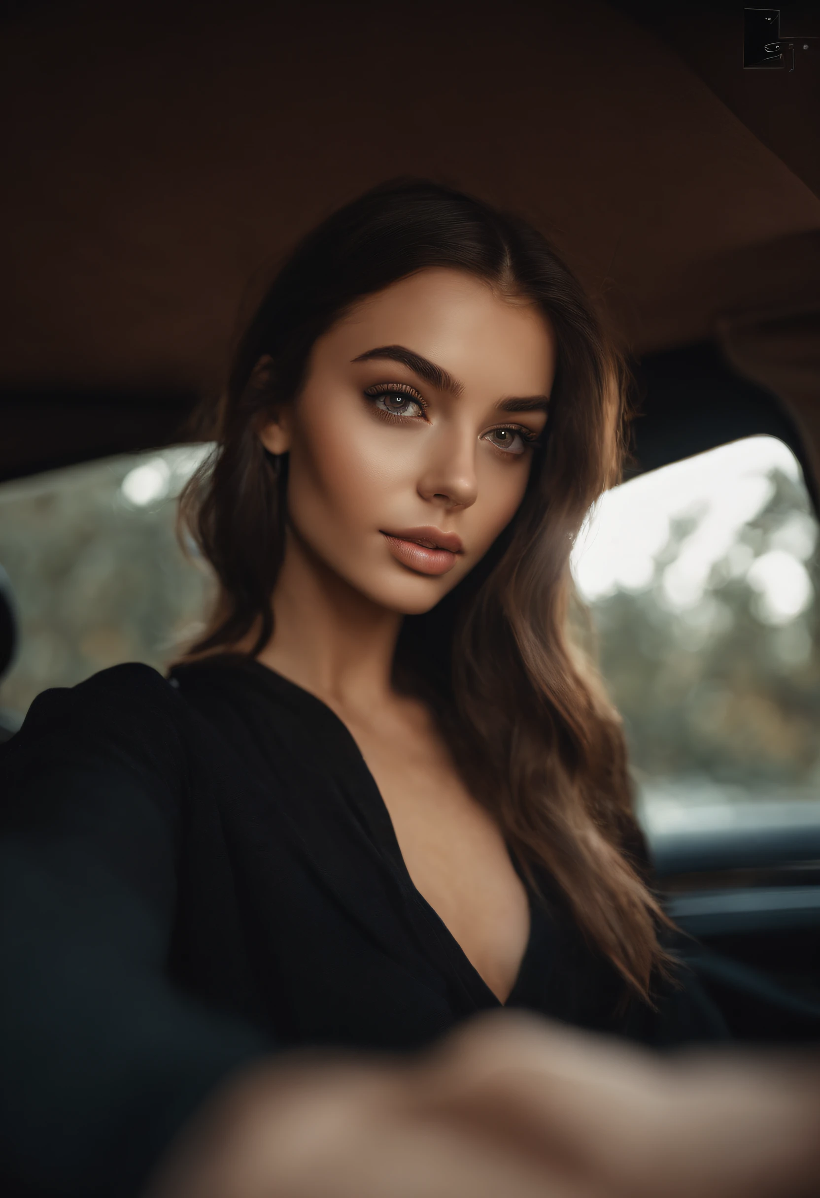 arafed woman with black clothes, sexy girl with brown eyes, portrait sophie mudd, brown hair and large eyes, selfie of a young woman, bedroom eyes, violet myers, without makeup, natural makeup, looking directly at the camera, face with artgram, subtle makeup, stunning full face shot, in car, cleavage, ultra realistic