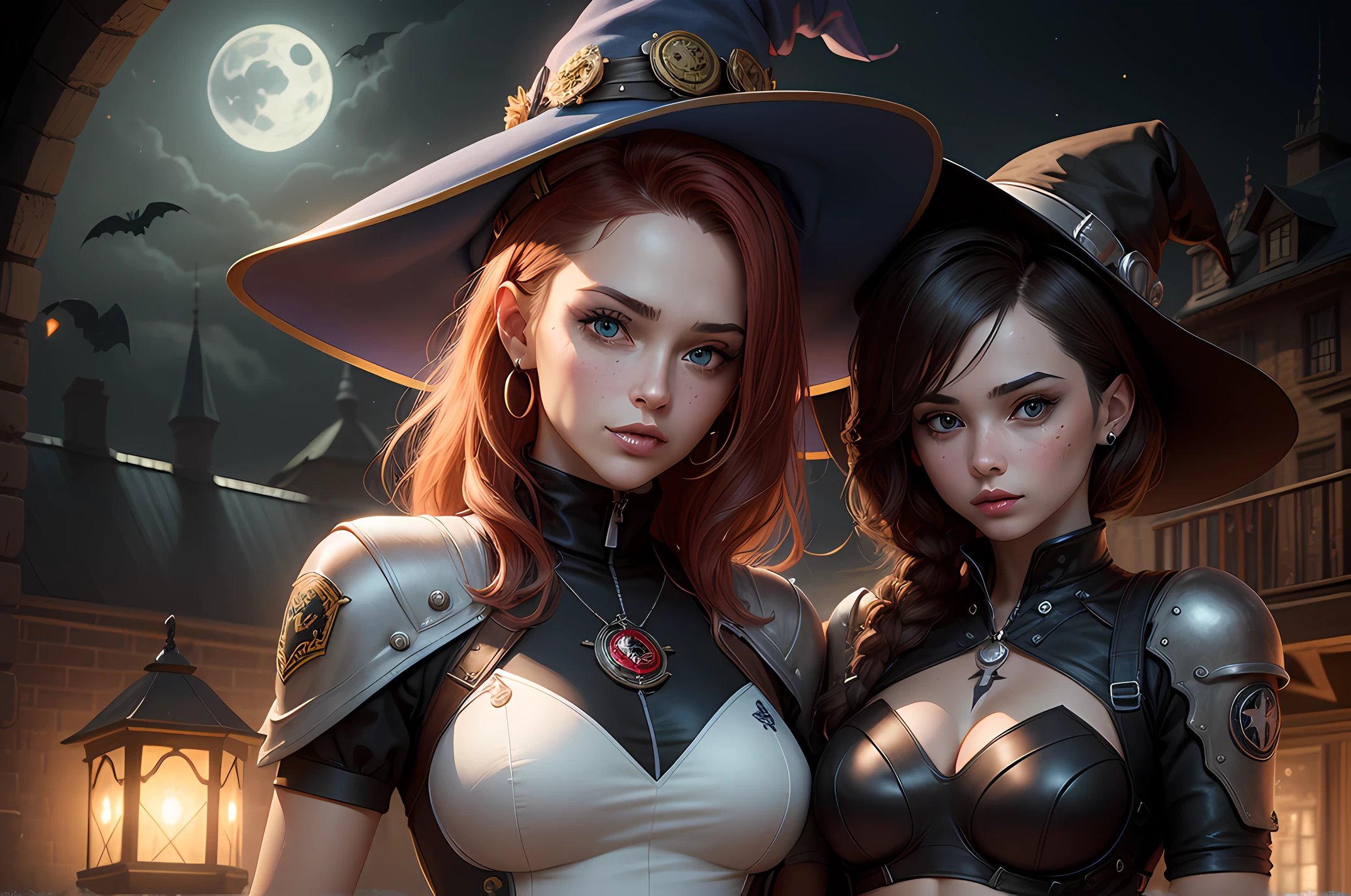 gwen tennyson,tracer,bulma,rebecca chambers,nier automata,1girl,close up, moonlight,witch costume,gold neck jewelry,body tattoos,short hair, witch hat,long sleeve top,gothic dress,holding a wand,pumpkin village,witch cape,halloween forest, gold,amulets,glowing cauldron,gothic piercings,green eyes,orange hair,shy smile,freckles,redhead,beautiful girl, large breasts,thigh high boots,ultra detailed,realistic,fantasy art,