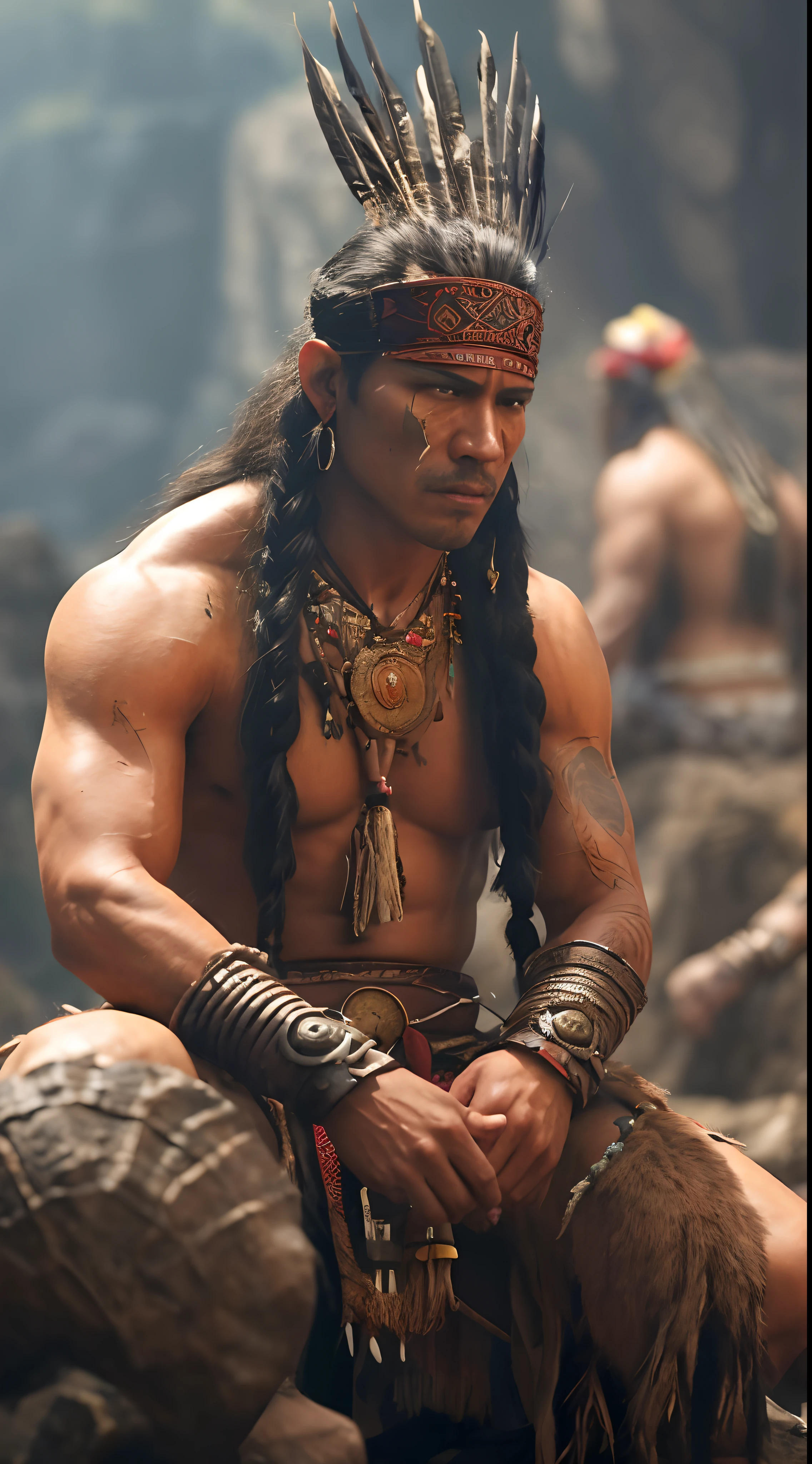 a man wearing an indian headdress sitting on a rock, muscular characters, 3 0 0, <hd, wearing a native american choker, feng zhu |, macuahuitl, swashbuckler, ƒ/2.5, leather robes, very sharp!!!, torrent, more details, celebrity, album, actress, 8k, hyper realistic, vibrant colors, realistic textures, global illumination