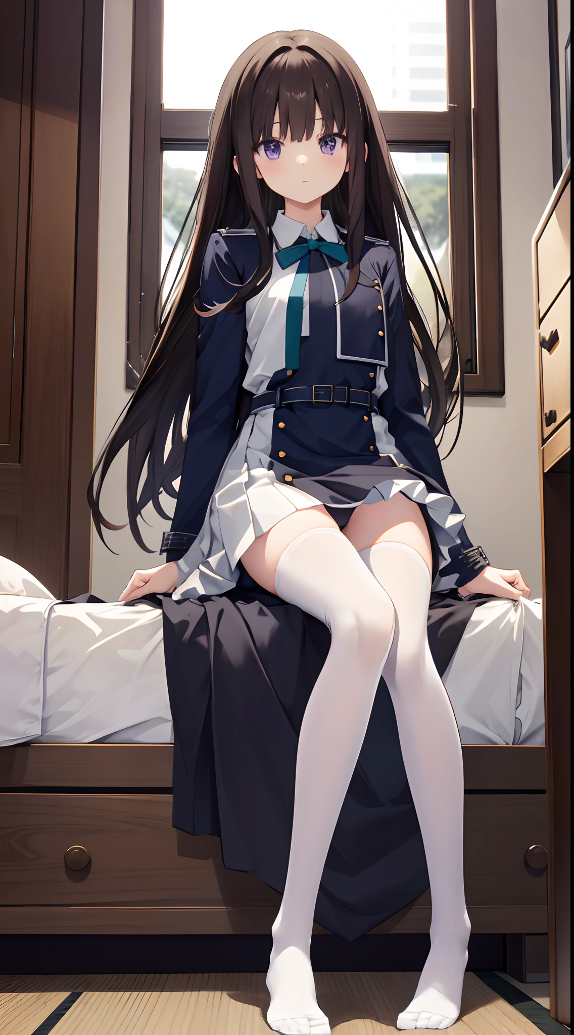 Takiinoue, Inoue Takina, Long hair, Bangs, Black hair, (Purple eyes:1.2), BREAK  shirt, Long sleeves, Dress, bow ribbon, School uniform, White shirt, Collared shirt, Belt bag, Neck ribbon, Blue Dress, Green Ribbon, pleated dress, grey dress, Two-tone dresses, Blue belt, Lycoris Uniform, ​masterpiece、top-quality、best、超A high resolution、Full body portrait、intricate-detail、An ultra-fine illustrations、perfect anatomia、Correct anatomy、perfectly proportions、Slim Faces、a small face、face perfect、Hands are２Boken、perfect hand、The feet are in２Boken、slim legs、perfect foot、perfect fingers、Small toes、Precise size and balance of upper and lower body、18year old、High school girl with mature body shape、A high school girl with long、女の子1人、Full body from head to leg、full bodyesbian、small tits、Black_Wearing white panties inside stockings、Wearing white panties inside black transparent stockings、Wearing white panties inside black stockings、Wearing white panties inside black pantyhose、Wearing white panties inside black lace pantyhose、Wearing white panties inside black lens stockings、Wearing white panties in black light pantyhose、Wearing white panties in black transparent pantyhose、No shoes、No shoes on、Pure white under black stockings_panties on、Small toes、Small toes、skinny legs、Standing on your own feet、The crotch is visible with the panchira、Ashamed、get blush、Shame on you、Ashamed、Pure white underwear、White panties are visible、White bra is visible、Not wearing a skirt、Not wearing a shirt、Not wearing a jacket、Facing the front、Inter-strands、Facing the front、Composition from the front、Panchira、Front-facing、Lower body facing forward、Slender feet、Slender thighs、Slim toes、Slender feet、brown haired、Longhaire、Japanese high school students、bedroom、inside the house、during daytime