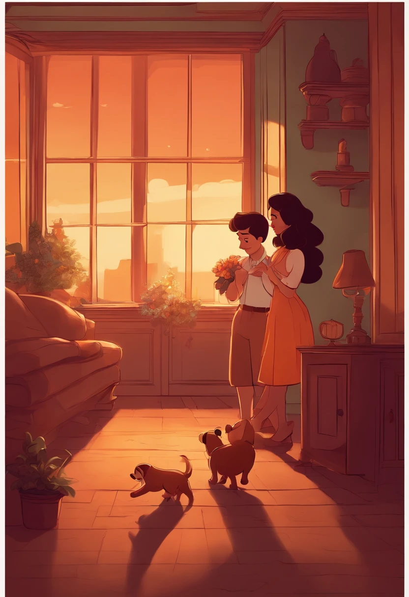 Disney-inspired cartoon illustration: In a room illuminated by the soft light of evening. 25 years old man and woman couple joyfull playing with puppy
