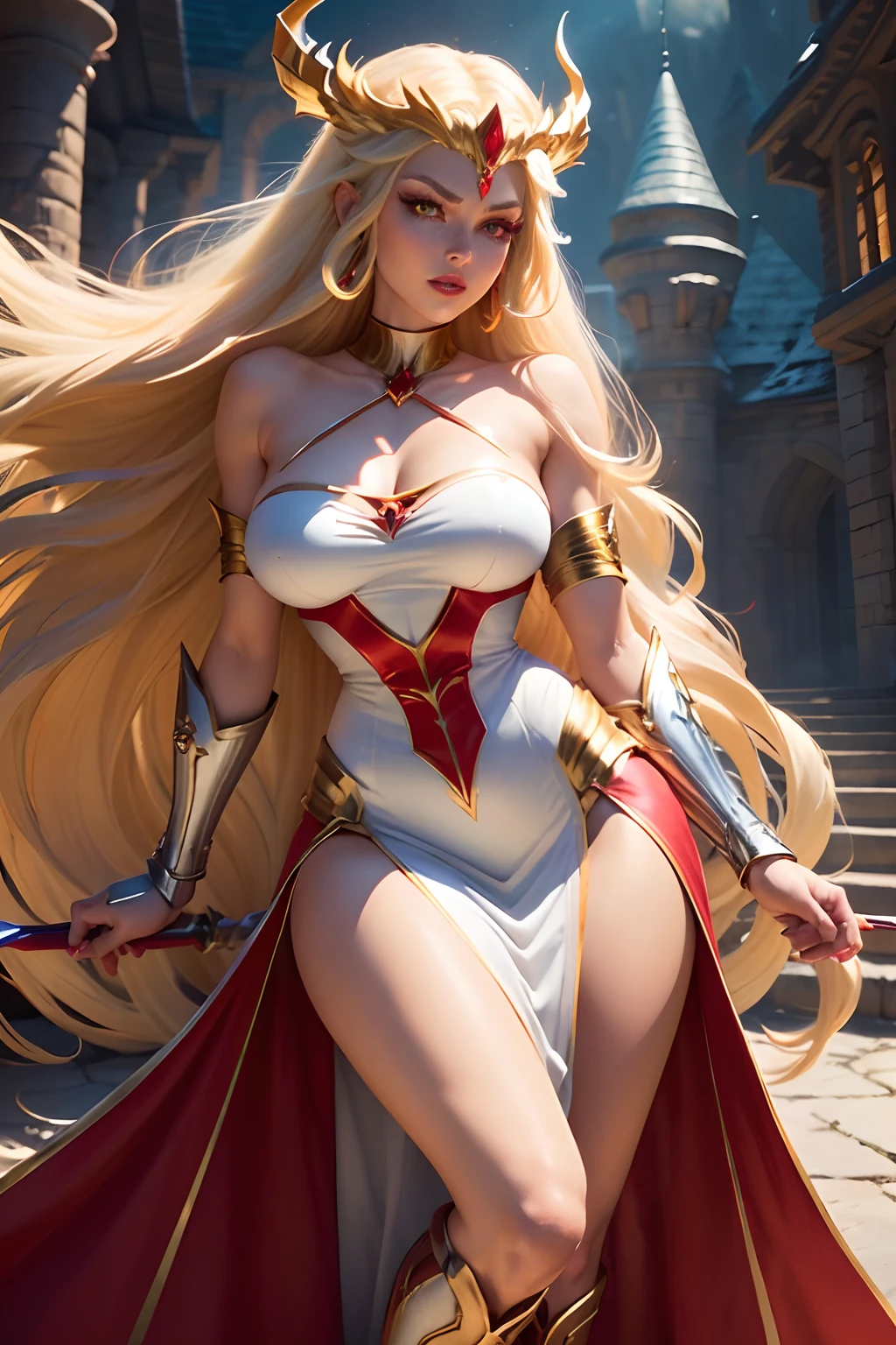 ((She-ra from the he-man animated series))(big glowing eyes)(bright red lips)) ((long blonde straight hairstyle with bangs))((dark eyeshadows make up))(((very huge breasts))) ((perfect slim body))((wears short white dress)) (earrings, choker, brazalets, tiara and long boots)((posing sexy at greyskull castle entrance))((showing backside))((hold the sword of power on hand))(high definition, dynamic illumination and shadows)((masterpiece))(8k)(perfect face)(best quality) (perfect hands and eyes)