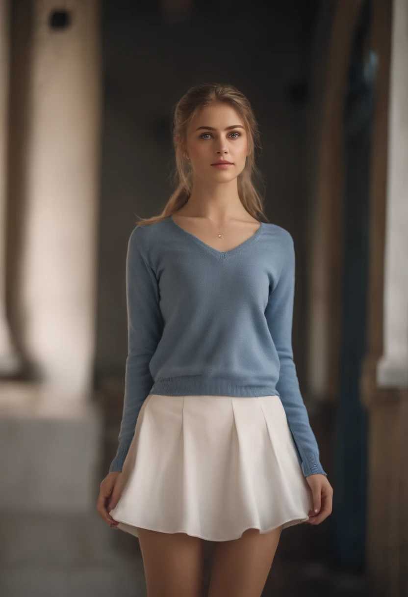 full body portrait of a stunningly beautiful student girl without make-up, 17 years old, /(perfect and detailed hands, fine fingers, perfect and highly detailed eyes, perfect face, perfect and athletic body,), /(long light brown hair, perfect blue eyes, beautiful legs, hourglass body, sexi,), /(school uniform: blues sky sweater, white blouse, white miniskirt, dark blue socks,) extremely detailed light hazeyes, detailed symmetric realistic face, extremely detailed natural skin texture, peach fuzz, masterpiece, absurdres,