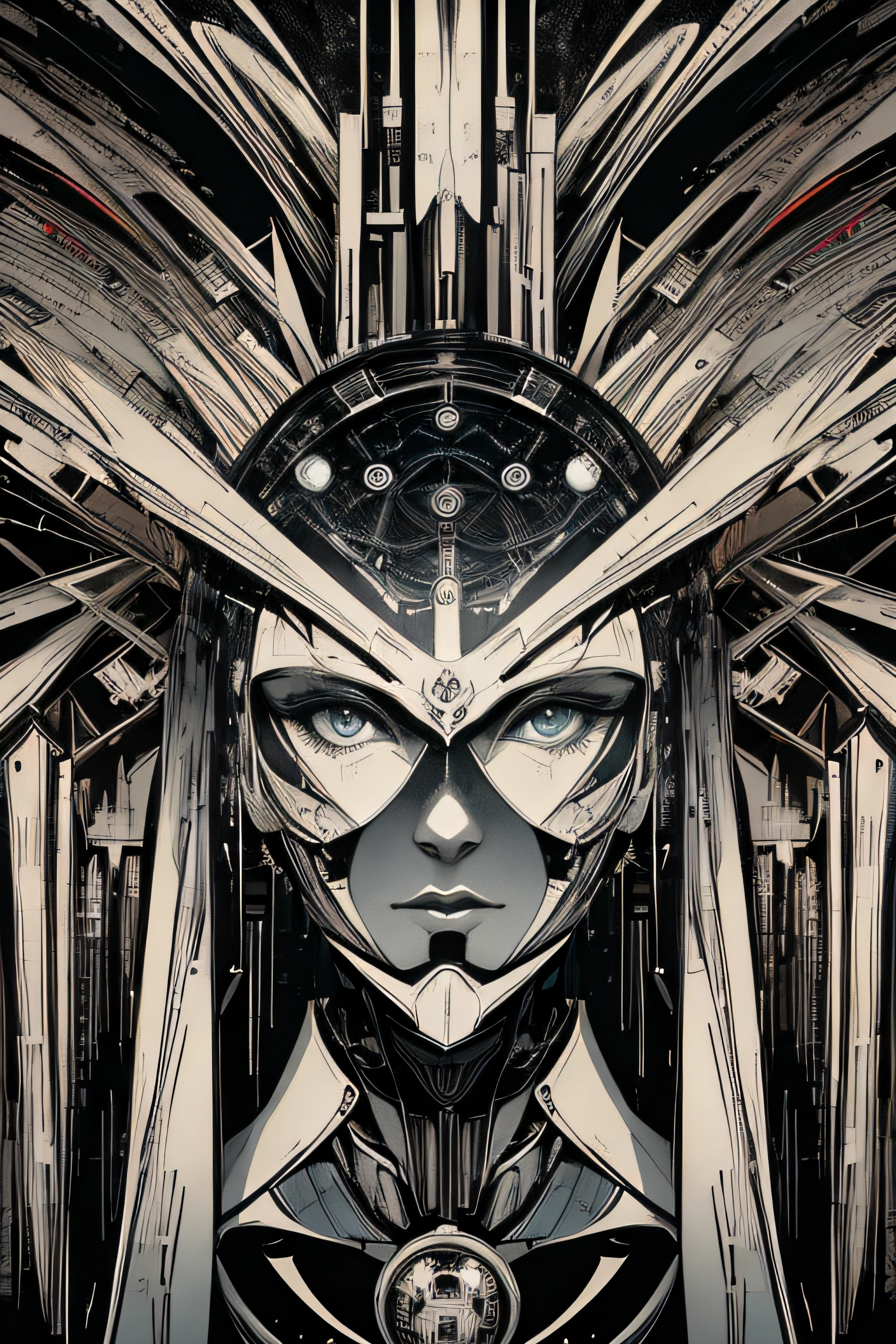 (Masterpiece, Best Quality), 8k Wallpaper, highly detailed, poster, Metropolis, Maria Robot, science fiction,  German expressionist science-fiction silent film directed by Fritz Lang ,sexy, horror thriller cinematic movie poster, Bauhaus, shapes, lines, abstract, propaganda, movie poster, vintage, double exposure.