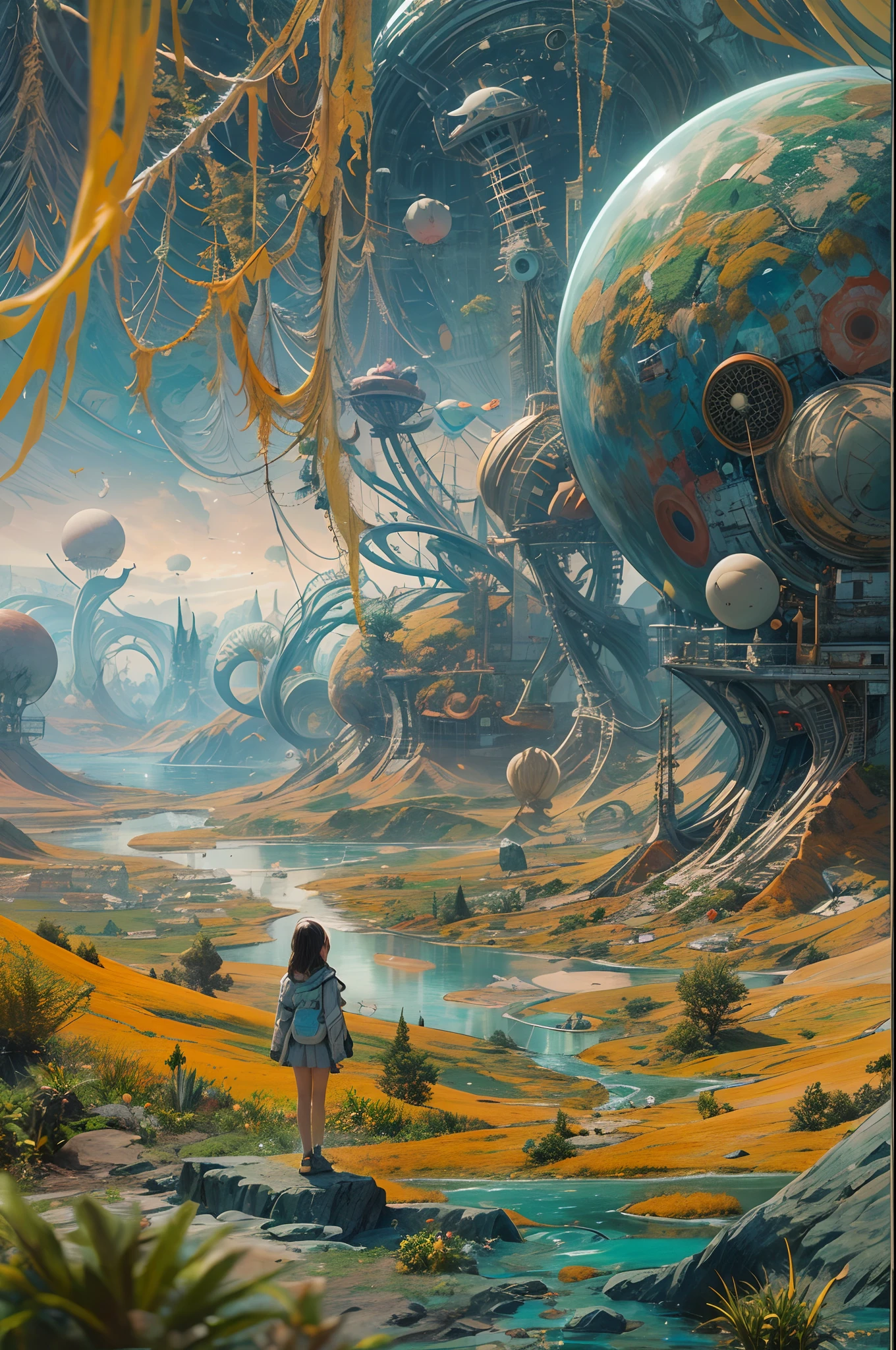 "A young girl with a sense of wonder explores an alien planet with vibrant chrome vegetation. The surreal landscape and flora create a stunning juxtaposition in a space-age paradise.