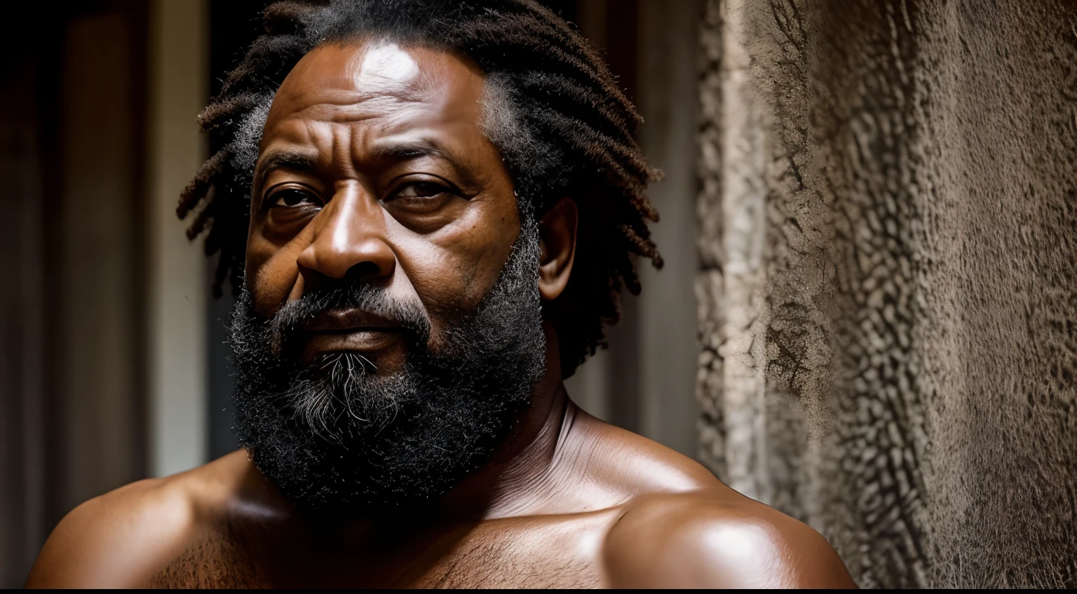 Homem velho, olhar profundo,com olheiras,pele negra,Face with expression marks,barba grande,cabelo longo,alta qualidade,foto realista