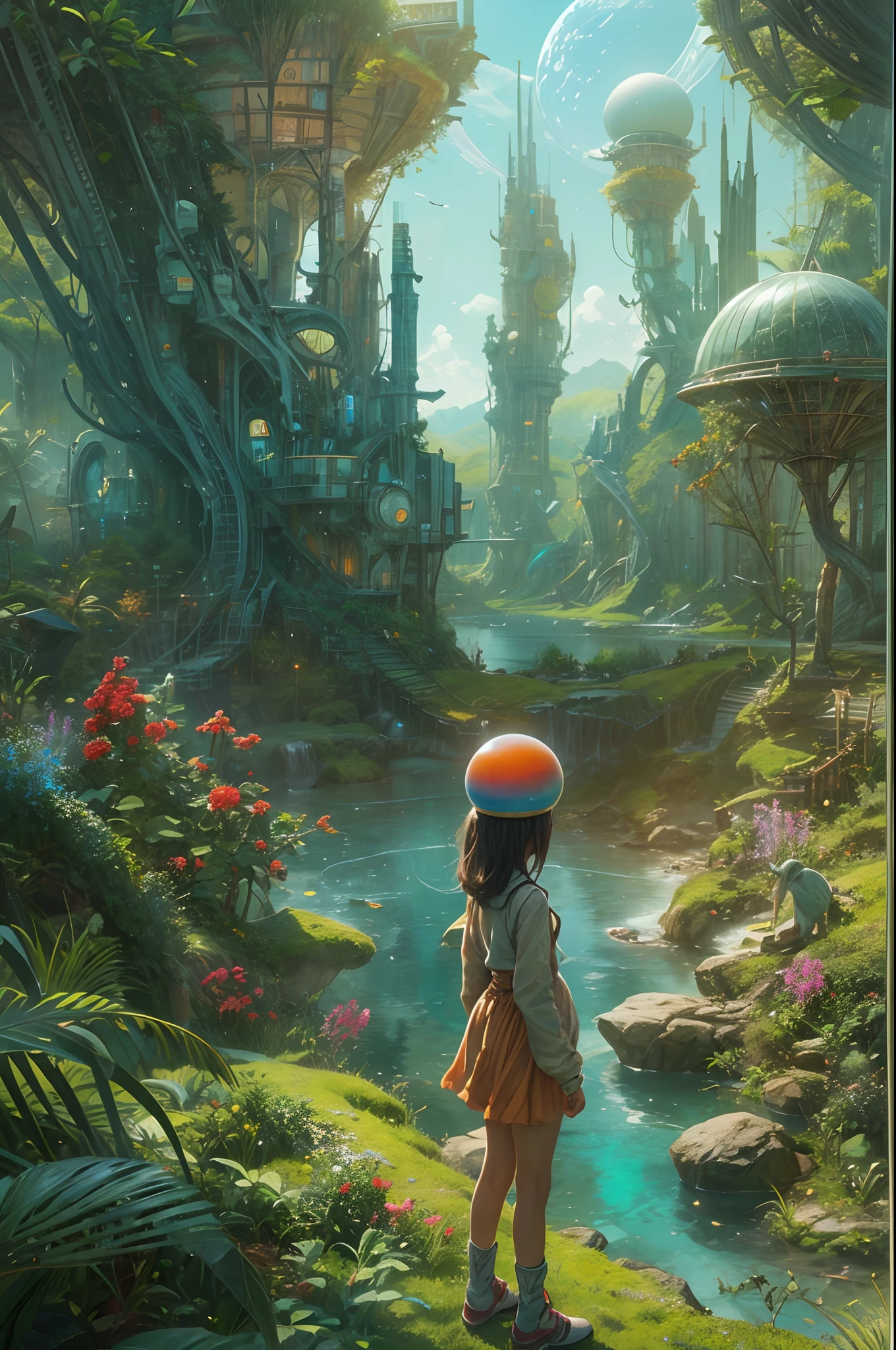 "A young girl with a sense of wonder explores an alien planet with vibrant chrome vegetation. The surreal landscape and flora create a stunning juxtaposition in a space-age paradise.