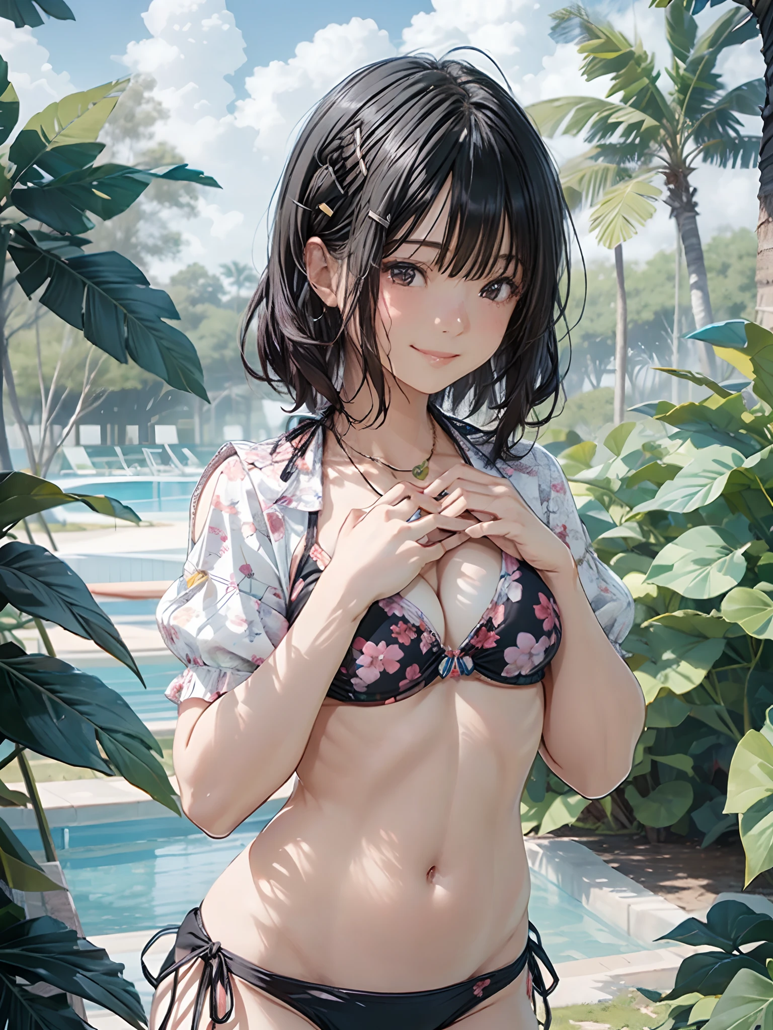 masutepiece,8K,(Lifelike,hight resolution:1.3), 1 girl with a perfect body, super fine face and eyes,bright colour, (Black Floral Bikini:1.4),(Bring your chest together with your hands:1.7),(Happy smile:1.4),extremely beautiful detailed face and eyes, asymmetrical bangs, (short twin-tailed black hair:1.5),Shiny hair, Delicate beautiful face, White skin, hair clips, a necklace, Beautiful cloud, Blue summer sky、A park full of nature