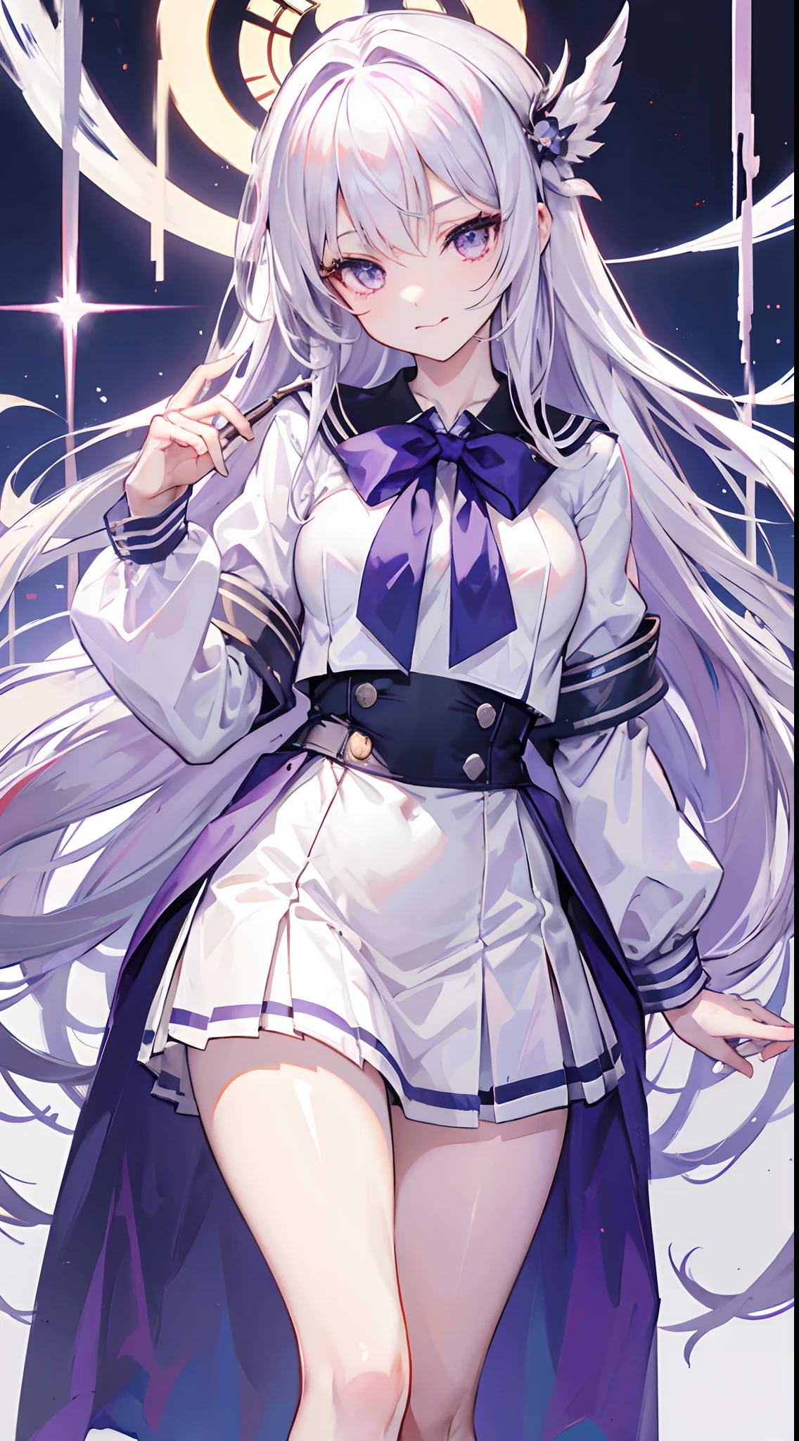 Long silver-white hair and waist,Crystal purple eyes,Hair curtain,dishiveredhair,Sailor uniform school uniform,Medium build,Loving pupils,Detailed description of the thighs and legs,white stockings,chiquita,Tilt your head,A hand placed next to the head is a gesture of Biye,Stick out your tongue,watered eyes,The corners of the eyes are reddish,
