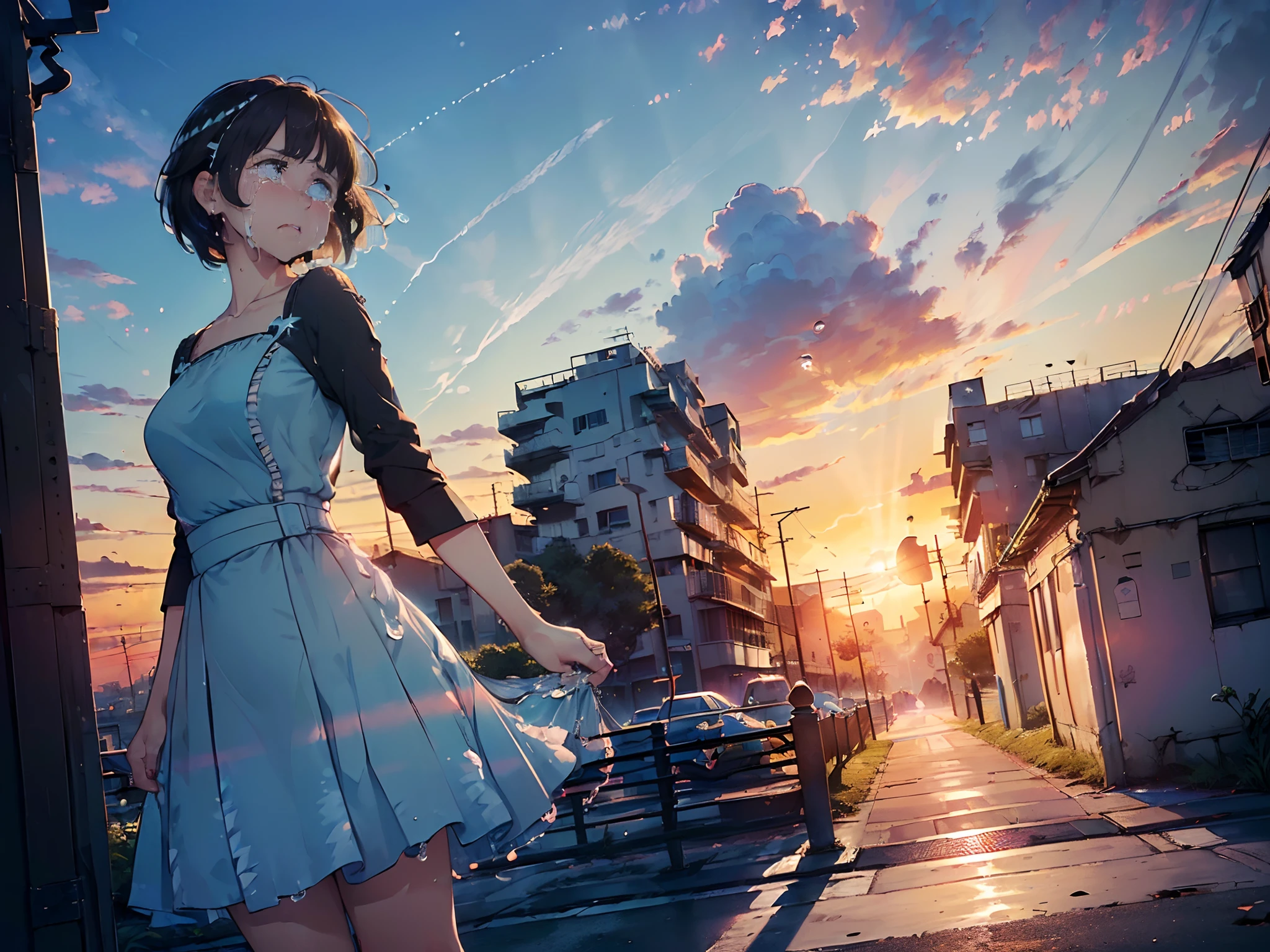 high-res, ultra detailed, masterpiece, Best Quality, Illustration, (side front view:0.9), (((establishing shot:1.5))), (((1girl))), ((party, the party place, (((straight ahead party aisle)), lightning party, city, Ultra Detail, Solo, (Medium short hair, short black-brown hair), Beautiful detailed eyes, Sunrise sky after night sky, (longshot:1.3), early morning, (Sunrise sky), pitiable, ((tears)), (dress), gown, skirt, light blue sky sunrise