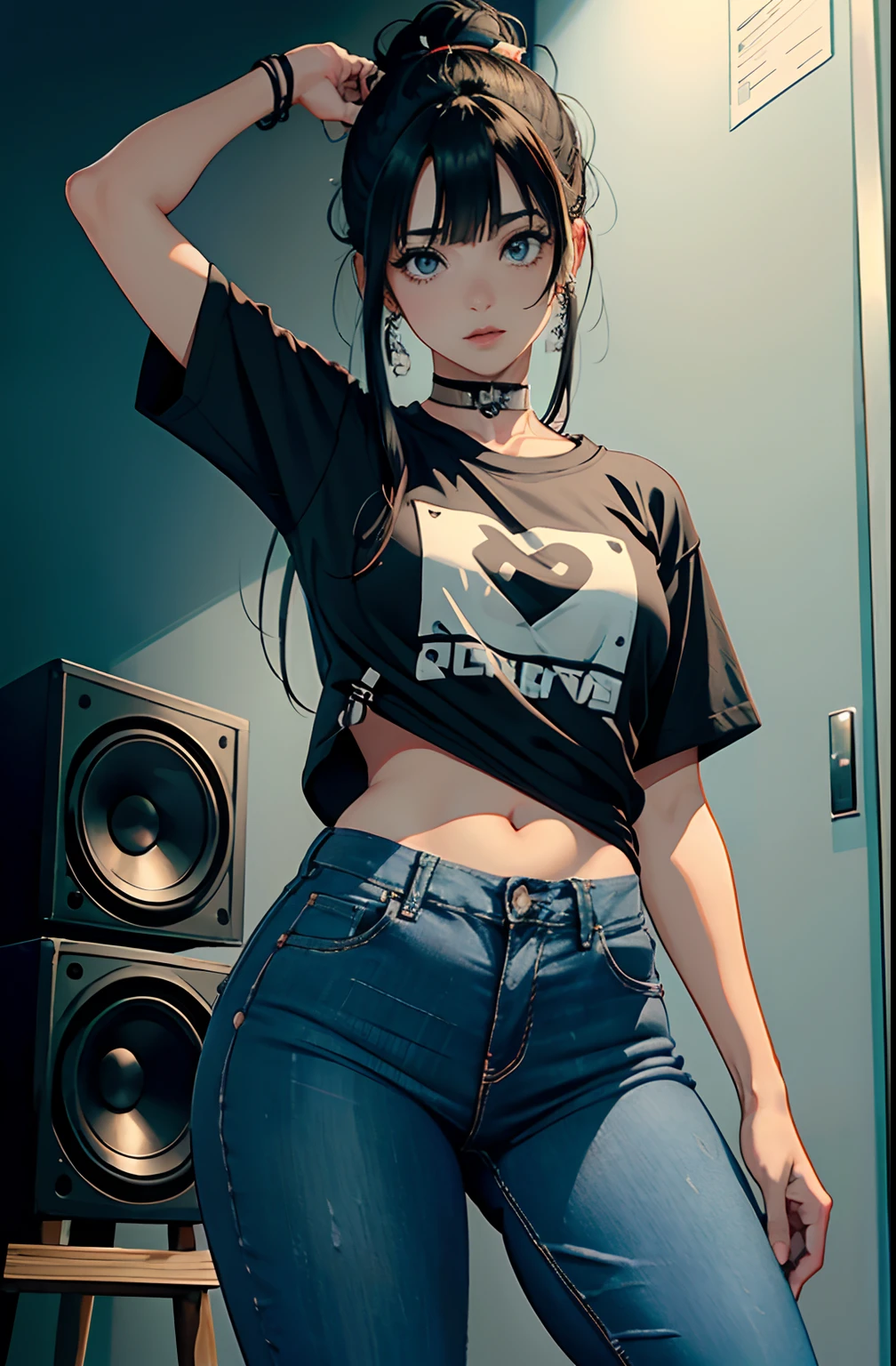 (Hinata Hyuga, muito sensual, com roupas apertadas, bunda grande, pernas grossas, Wearing extremely tight jeans, usando uma mini blusa, umbigo com pirsing, cabelo grande, Speaker behind, muito realista, extremamente sexy, 8k, 8k extremamente detalhado), (um extremamente delicado e bonito), (obra-prima), (melhor qualidade: 1.0), (ultra highres:1.0)
