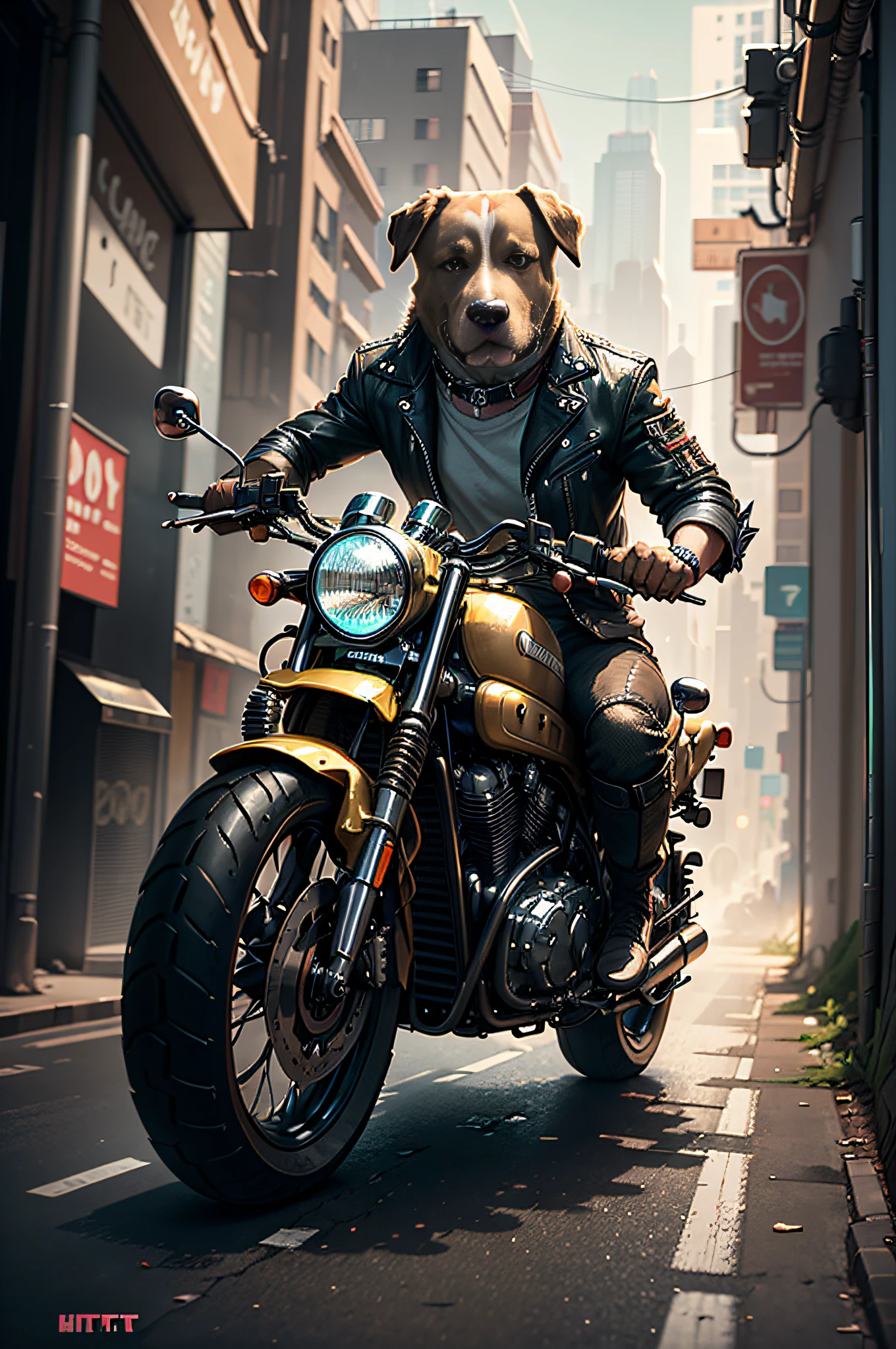 C4tt4stic,Cartoon Labrador Retriever Dog Drives Large Motorcycle Cyberpunk
