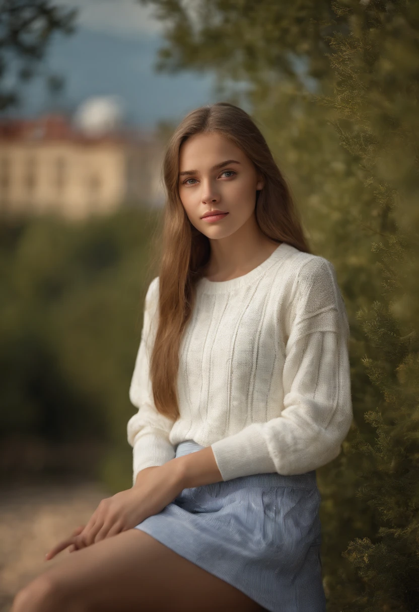 full body portrait of a stunningly beautiful student girl without make-up, , /(perfect and detailed hands, fine fingers, perfect and highly detailed eyes, perfect face, perfect and athletic body,), /(long light brown hair, perfect blue eyes, beautiful legs, hourglass body, sexi,), /(school uniform: blues sky sweater, white blouse, white miniskirt, dark blue socks,) extremely detailed light hazeyes, detailed symmetric realistic face, extremely detailed natural skin texture, peach fuzz, masterpiece, absurdres,