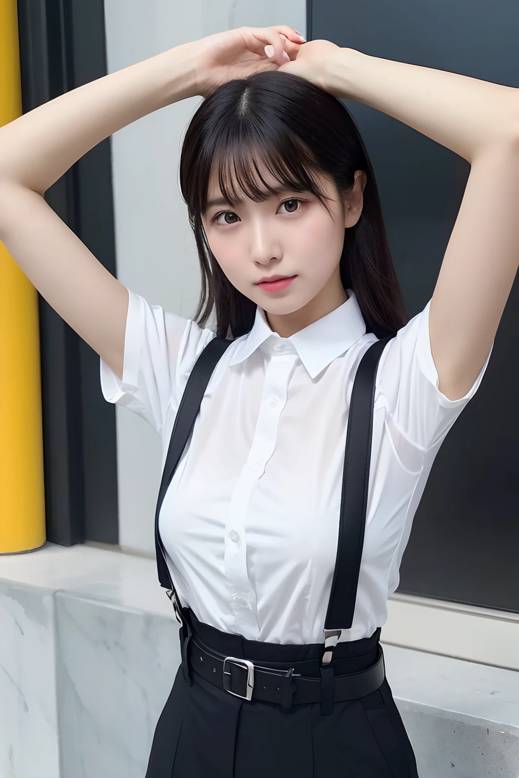 (masutepiece:1.2),High quality,vivd colour,flat-colors,Deep Depth Of Field,Lens Flare,1 girl,Black hair,eyecontact,Suit,Collared shirt,Belt bag,suspenders,Professional,Office Lady,Mature Women,Black Suit,Black jacket,Gaze,ample bosom,Armpit sweat,Exposing the armpits"Pichi Pichi clothes
