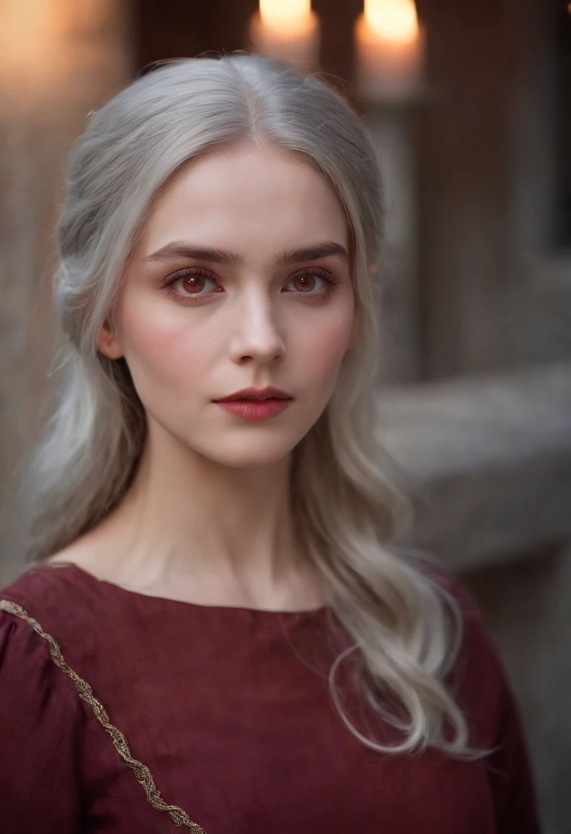 (((A deep red wound streaked across her left cheek))) Fair complexion, A woman around 19 years old, Natural gray hair, Unique green eyes, Wear Cole, Slender and graceful, Beautiful, Candlelight in a medieval setting, super sharp focus, realistic lens, Medieval women's clothing, Four colors (Scar:1.4)