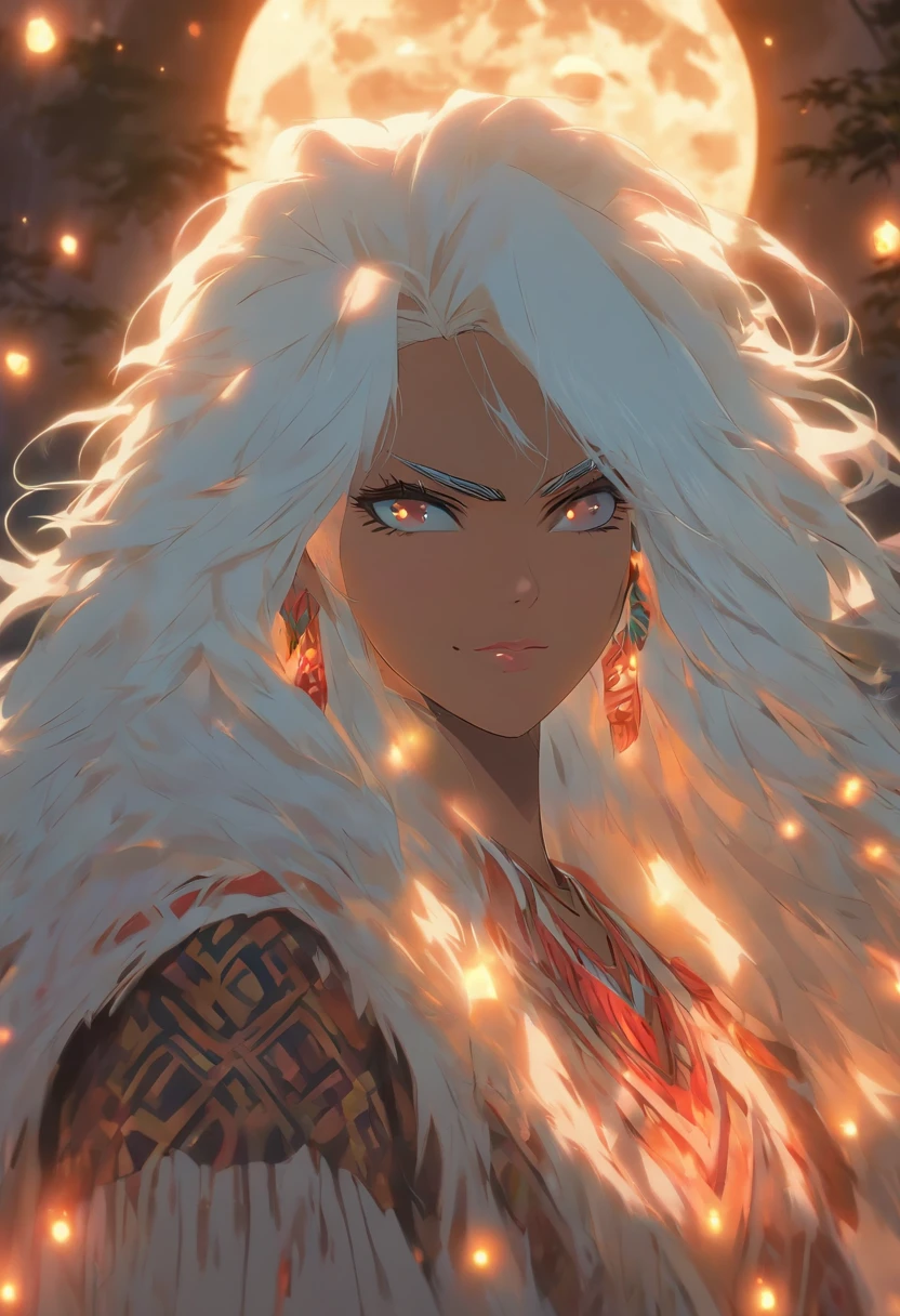 (((white hair))) best quality, very high resolution, detailed CG in 4K, masterpiece, Indigenous woman with white hair, night, moon in the background, night tones, Amazon Brazil, Indian, indigenous tribes, indigenous city, forest, aesthetics, beautiful image, centered on screen, full body