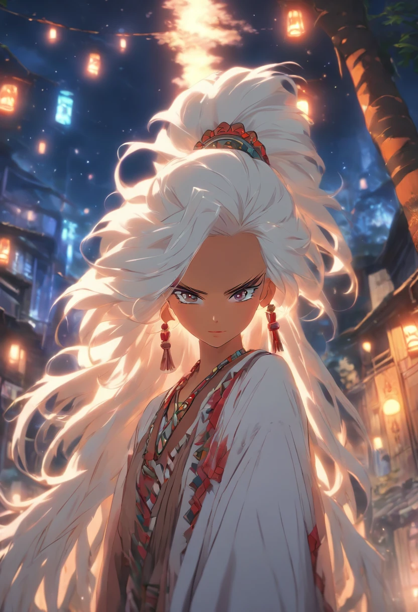 (((white hair))) best quality, very high resolution, detailed CG in 4K, masterpiece, Indigenous woman with white hair, night, moon in the background, night tones, Amazon Brazil, Indian, indigenous tribes, indigenous city, forest, aesthetics, beautiful image, centered on screen, full body