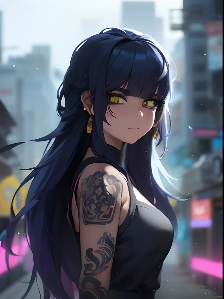 Menina anime com cabelo azul e tatuagens em uma cidade, menina de anime feminino, olhos amarelos, arte anime 2D,  arte bem feita, 4k, Menina, garota anime , arte  do anime - arte de anime, estilo anime 4K, arte de anime badass anime 8 k, menina bonita, menina moderna sonhadora
