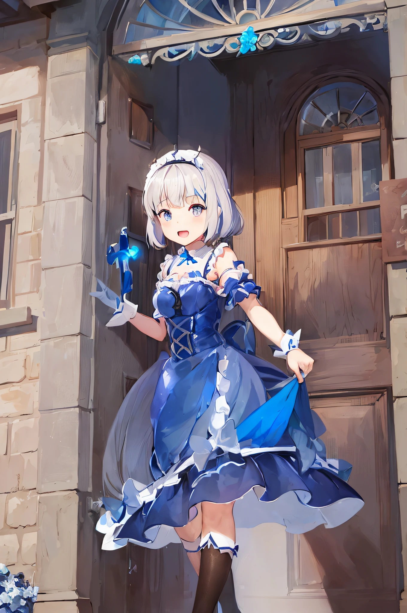 anime girl in a blue dress standing in front of a blue door, splash art anime loli, cute anime waifu in a nice dress, loli in dress, anime visual of a cute girl, anime girl in a maid costume, ayaka genshin impact, from the azur lane videogame, artoria pendragon, anime girl named lucy, small curvy loli, beautiful illustration、top-quality、Cute  girl s