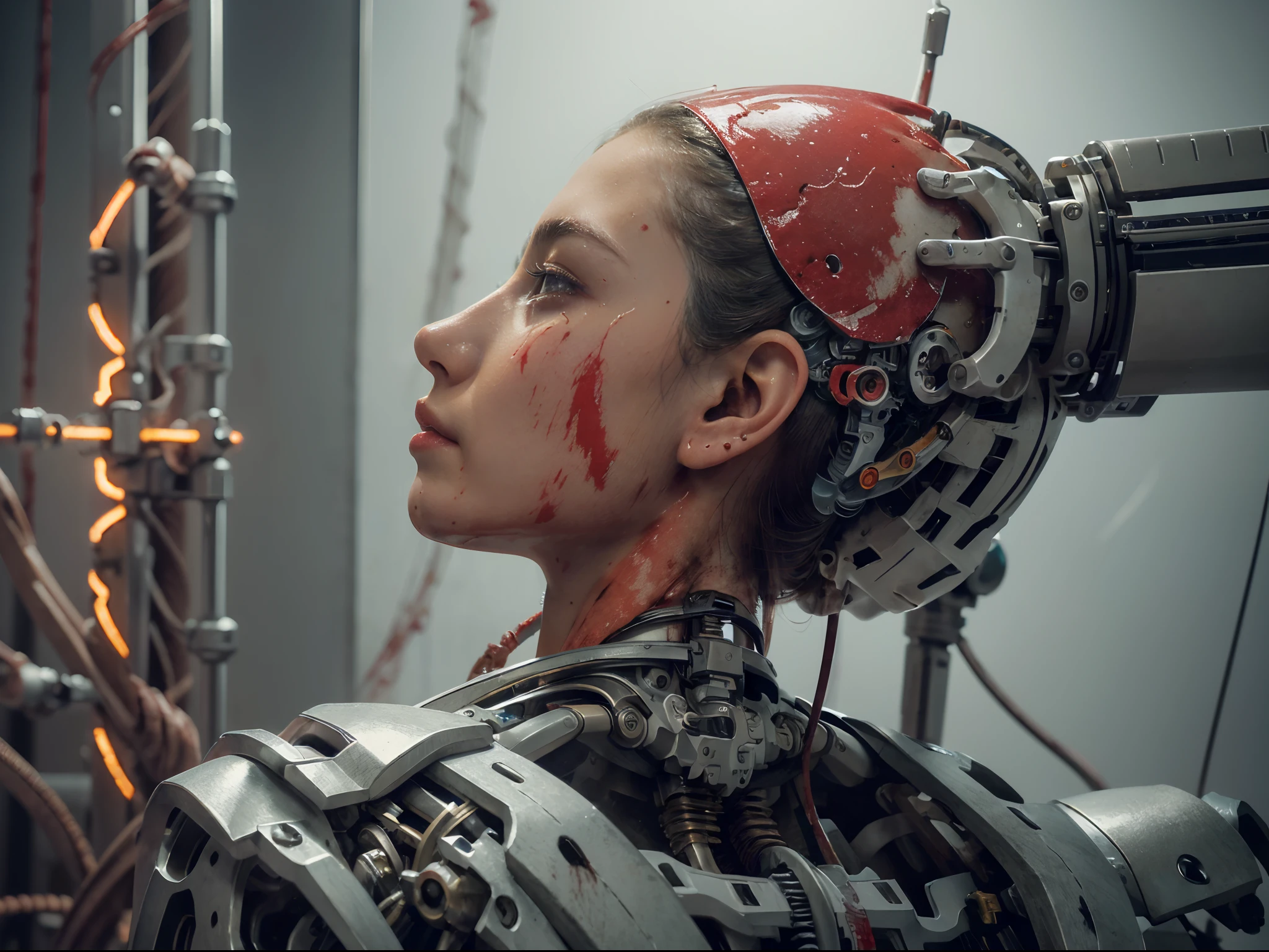 (masterpiece, top quality, best quality, official art, beautiful and aesthetic:1.2), (1girl:1.3), extreme detailed,colorful,highest detailed ((ultra-detailed)), (highly detailed CG illustration), ((an extremely delicate and beautiful)),(from side),cinematic light,((1mechanical girl)),solo,full body,(machine made joints:1.2),((machanical limbs)),(blood vessels connected to tubes),(mechanical vertebra attaching to back),((mechanical cervial attaching to neck)),(sitting),expressionless,(wires and cables attaching to neck:1.2),(wires and cables on head:1.2)(character focus),science fiction,white background,(blood:1.5)
