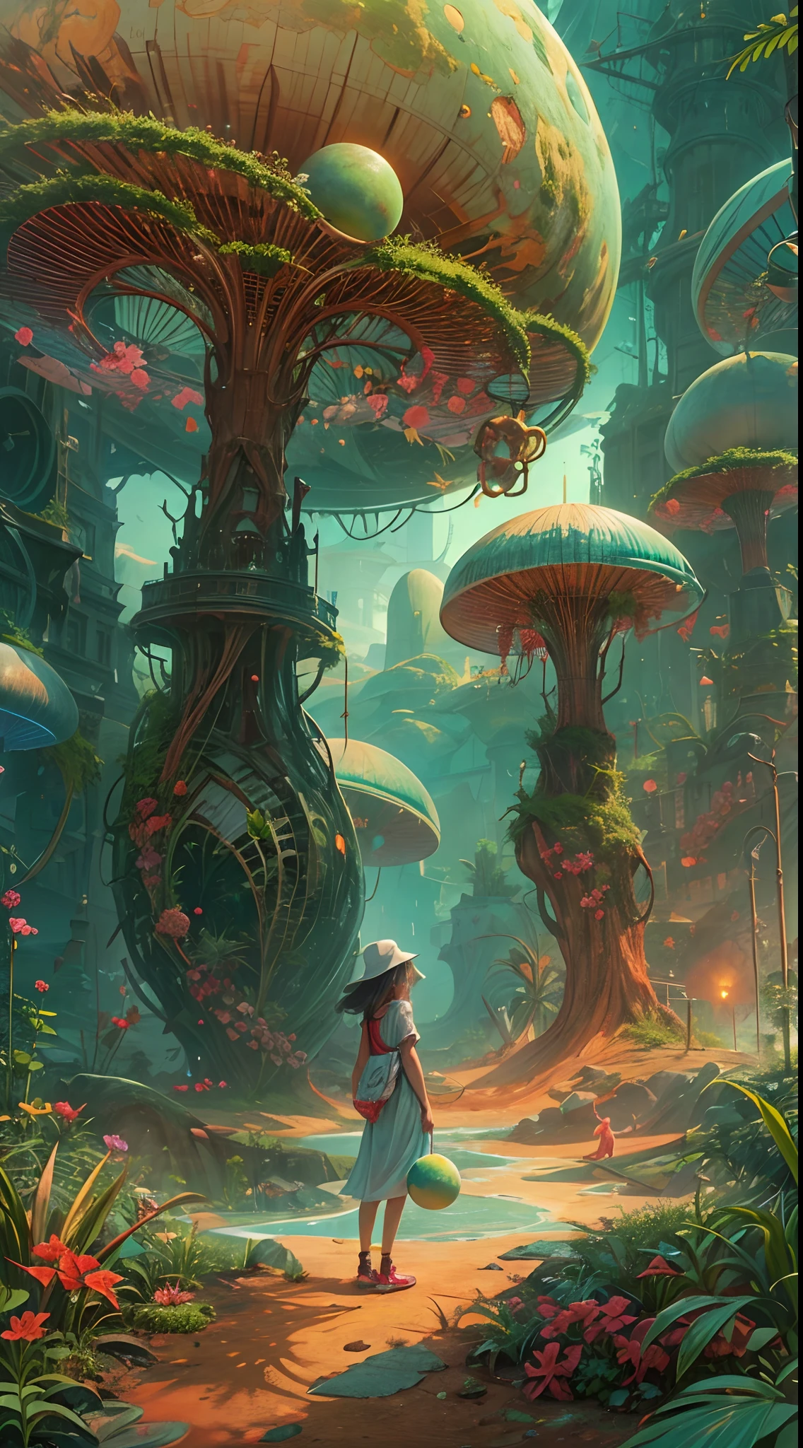 "A young girl with a sense of wonder explores an alien planet with vibrant chrome vegetation. The surreal landscape and flora create a stunning juxtaposition in a space-age paradise.