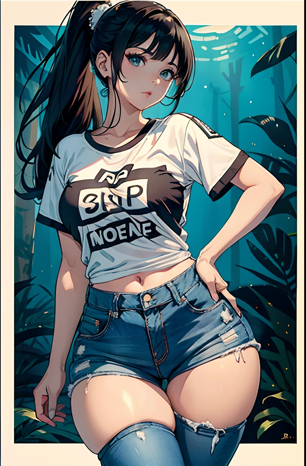 (Hinata Hyuga, muito sensual, com roupas apertadas, bunda grande, pernas grossas, Wearing extremely tight jeans, usando uma mini blusa, umbigo com pirsing, cabelo grande, Speaker behind, muito realista, extremamente sexy, 8k, 8k extremamente detalhado), (um extremamente delicado e bonito), (obra-prima), (melhor qualidade: 1.0), (ultra highres:1.0)