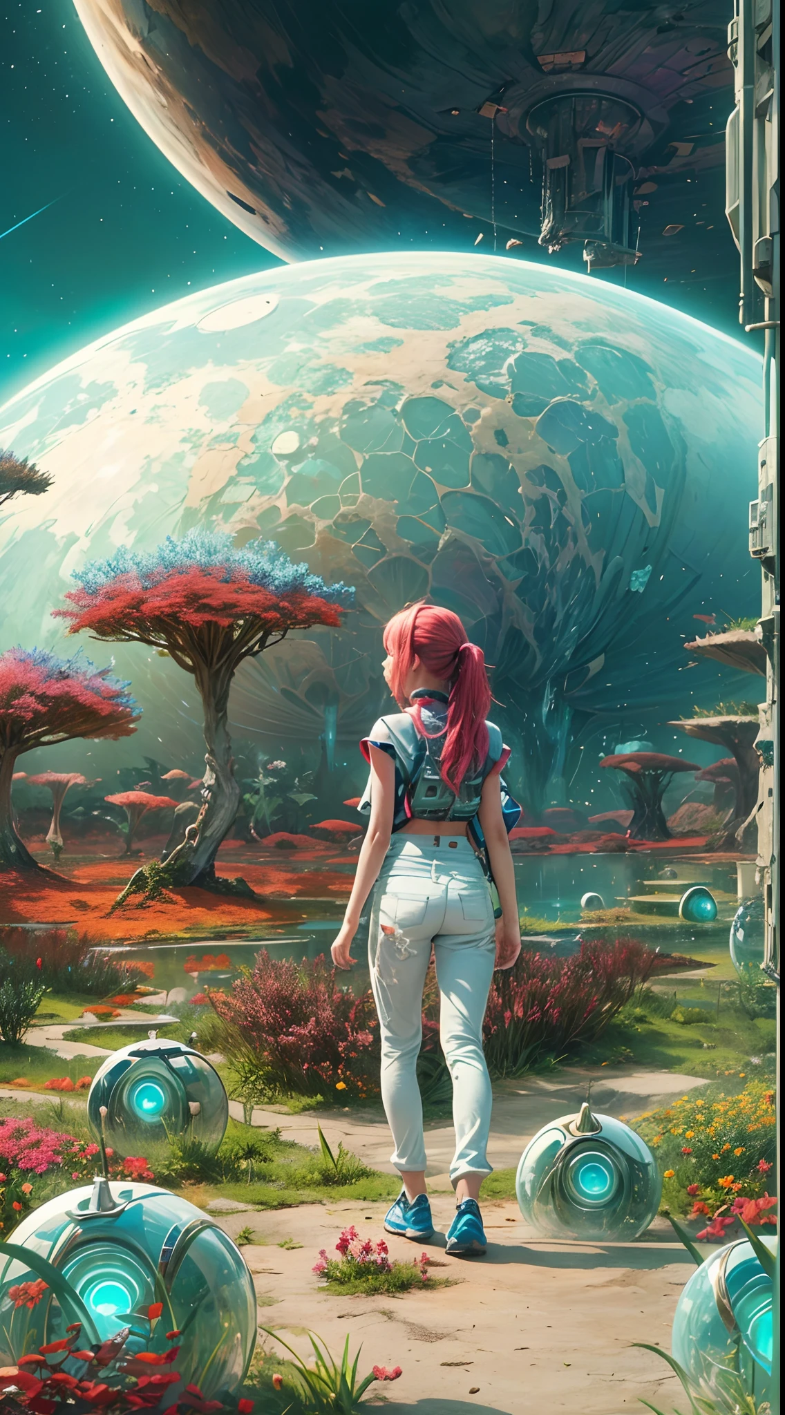 "A young girl with a sense of wonder explores an alien planet with vibrant chrome vegetation. The surreal landscape and flora create a stunning juxtaposition in a space-age paradise.