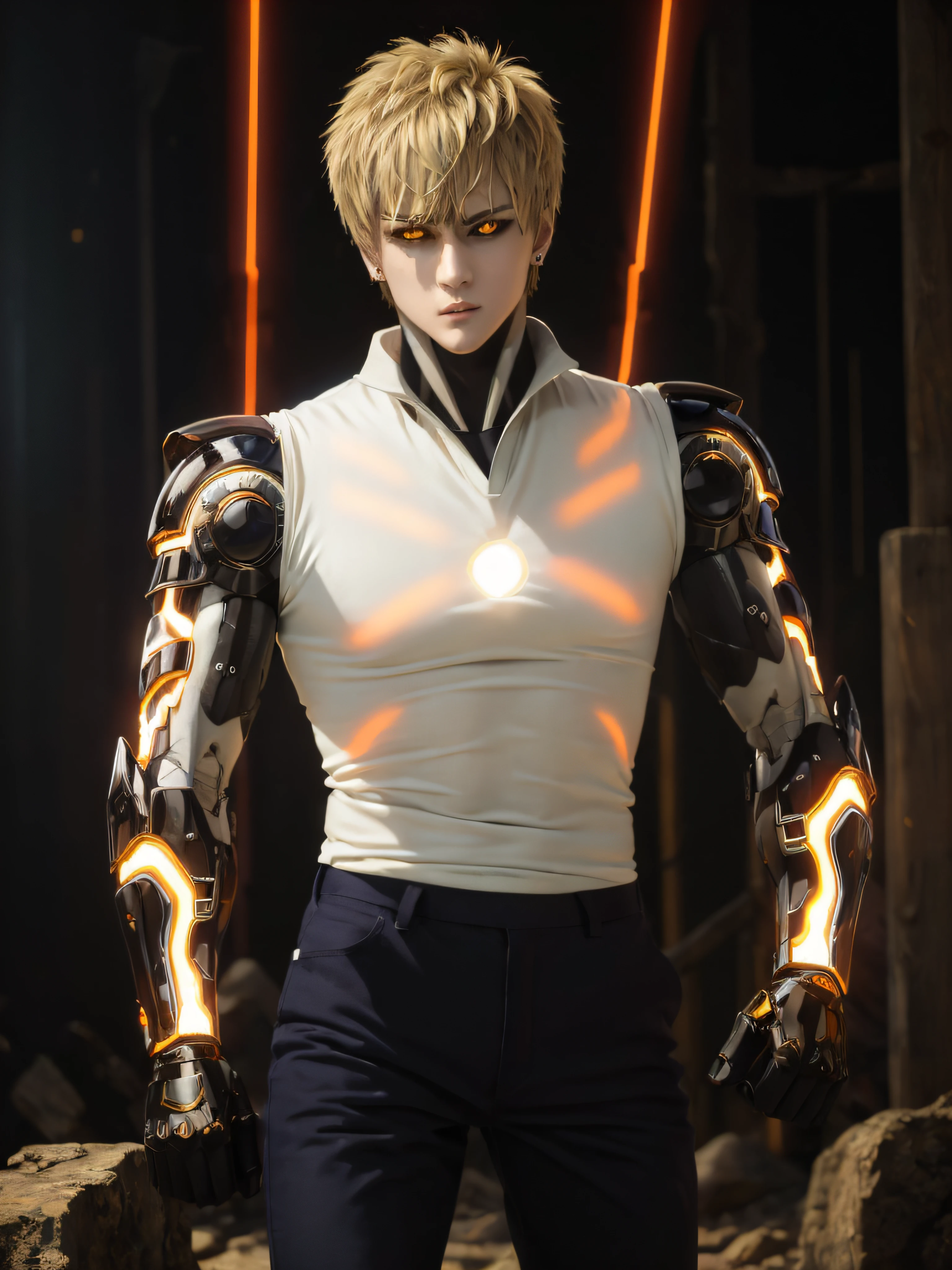 (masterpiece, best quality:1.4), colorful, high contrast, genos white shirt, sleeveless, black pants, mechanical arms, glowing, glowing eyes, glowing hand, standing, fighting stance