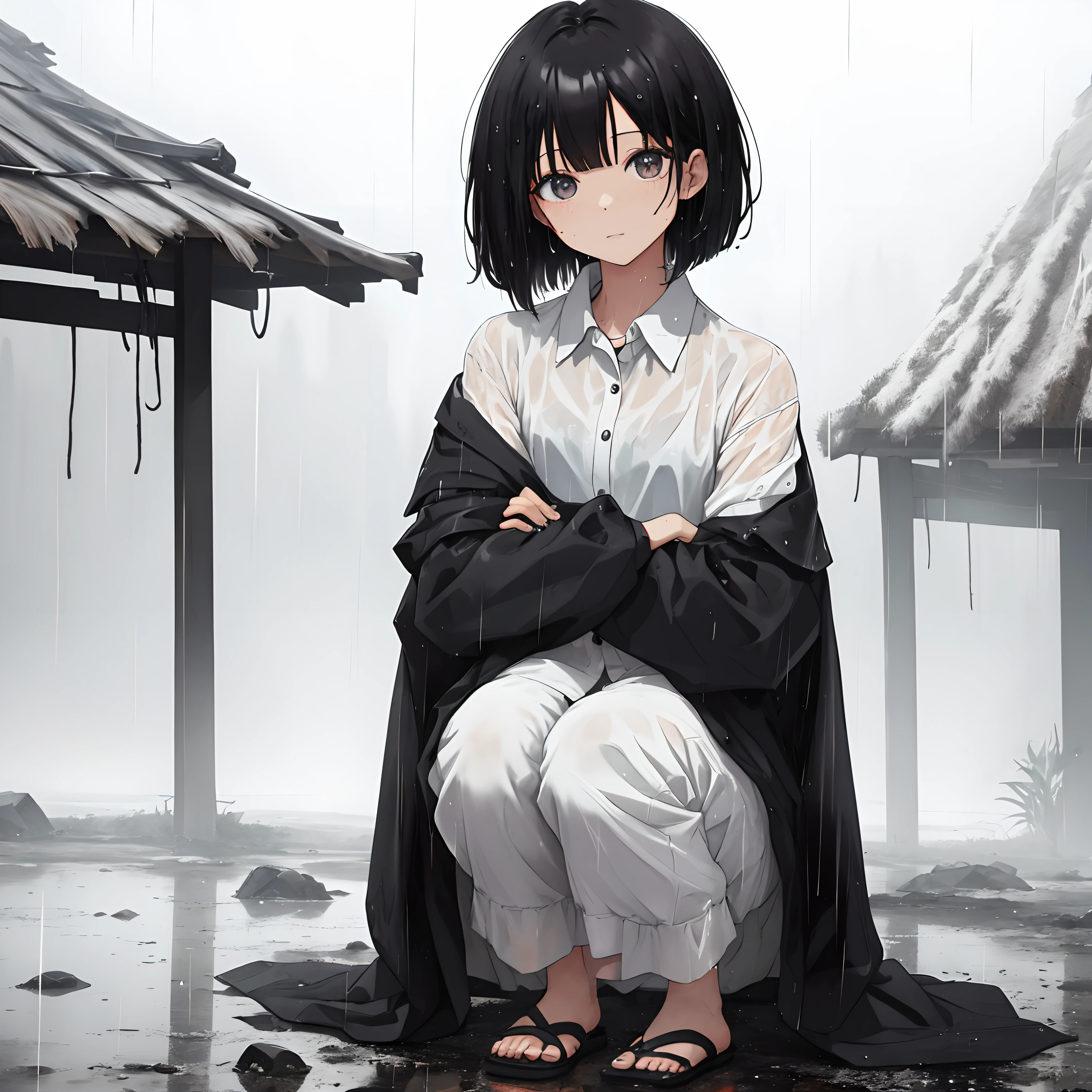 Woman sheltering in the rain、Black medium bob、white shirt、wet、I can see outside、Tattered hut、top-quality
