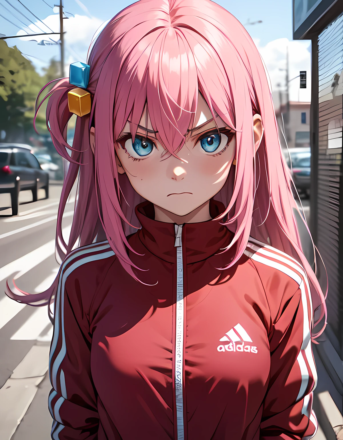 (masterpiece), 1girl, pixel, hitori gotou, blue eyes, cube hair ornament, hair between eyes, hair ornament, pink hair, one side up, long hair, tracksuit, adidas tracksuit, mad face, angry face, looking at viewer, psycho eyes, outdoors