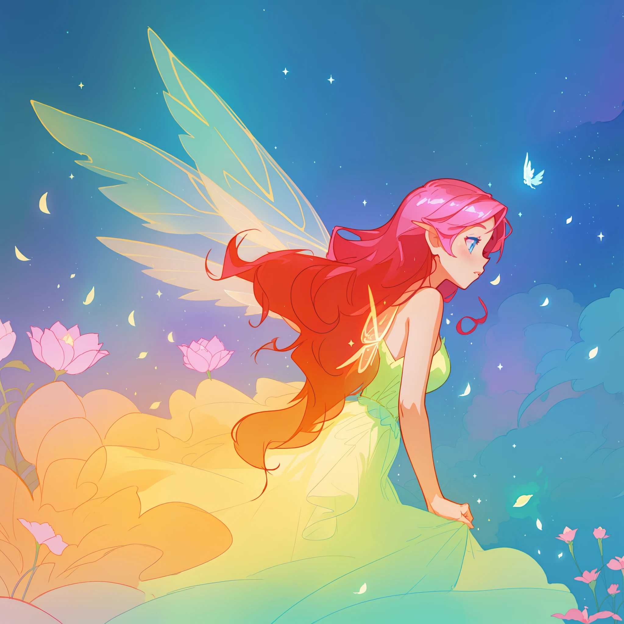 beautiful girl in flowing ballgown dress, (glowing fairy wings), glowing flowing ballgown, long wavy hair, sparkling fairy wings, watercolor illustration, flowers and colorful plants, inspired by Glen Keane, inspired by Lois van Baarle, disney art style, by Lois van Baarle, glowing aura around her, by Glen Keane, jen bartel, glowing lights! digital painting, flowing glowing hair, glowing flowing hair, beautiful digital illustration, fantasia otherworldly landscape plants flowers, beautiful, masterpiece, best quality, anime disney style