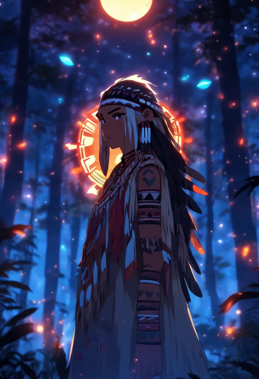 (((Indigenous woman))) best quality, very high resolution, detailed CG in 4K, masterpiece, white hair, night, moon in the background, amazon brazil, indigenous, indigenous tribes, indigenous city, forest, aesthetics, beautiful image, centered on screen, full body