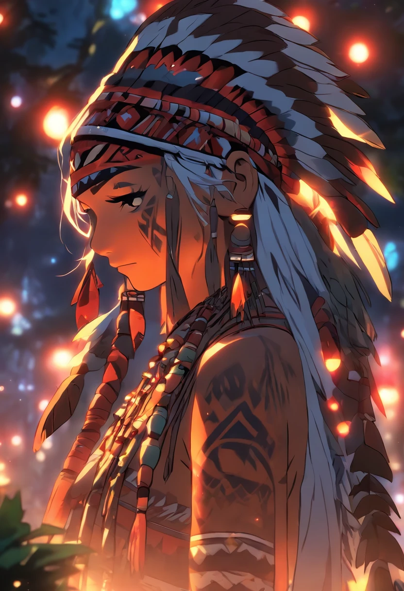 (((Indigenous woman))) best quality, very high resolution, detailed CG in 4K, masterpiece, white hair, night, moon in the background, amazon brazil, indigenous, indigenous tribes, indigenous city, forest, aesthetics, beautiful image, centered on screen, full body