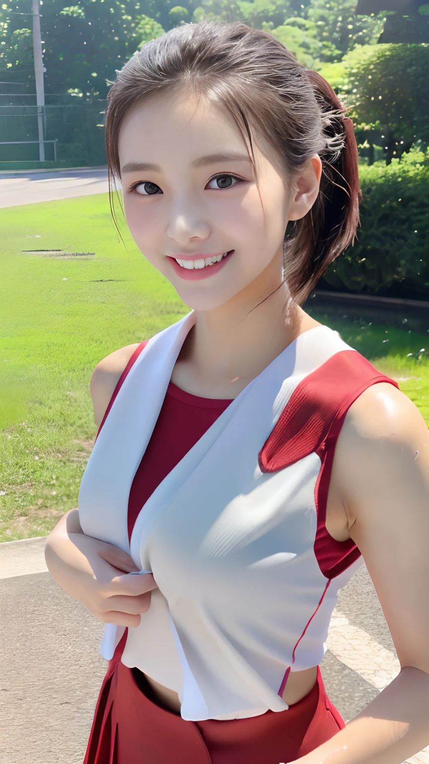 (masutepiece、top-quality、8K、超A high resolution:1.4)、School sports ground、(Running)、semi short hair、large full breasts、cute smile face、(Wet white gym clothes)、(Red bloomers:1.2)
