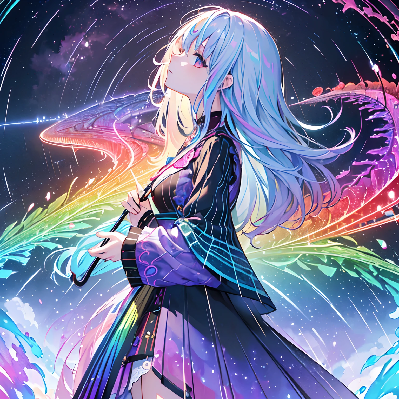 (​masterpiece、top-quality、top-quality、Official art、Beautifully Aesthetic:1.2)、(1girl in:1.3)、(Fractal Art:1.3)、The upper part of the body、From Side、looking at the viewers、patterns、(rainbow-colored hair、colourful hair、rain is falling、Holding an umbrella and looking up at the sky、Iridescent splashes