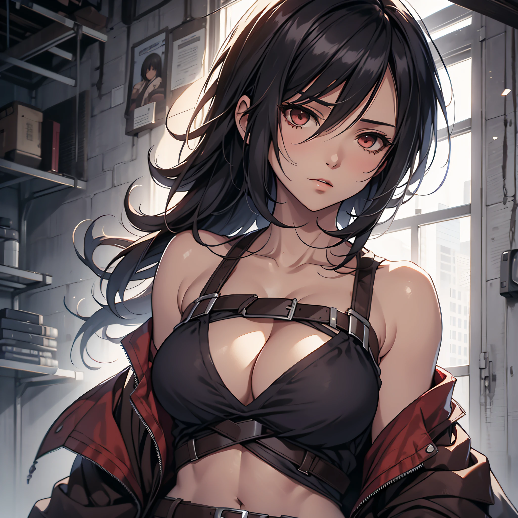 Mikasa_ackerman，solo person，byself，Off-the-shoulder clothing，muscline，cleavage，nabel，open waist，Abs，Vest line，Off-the-shoulder attire，
