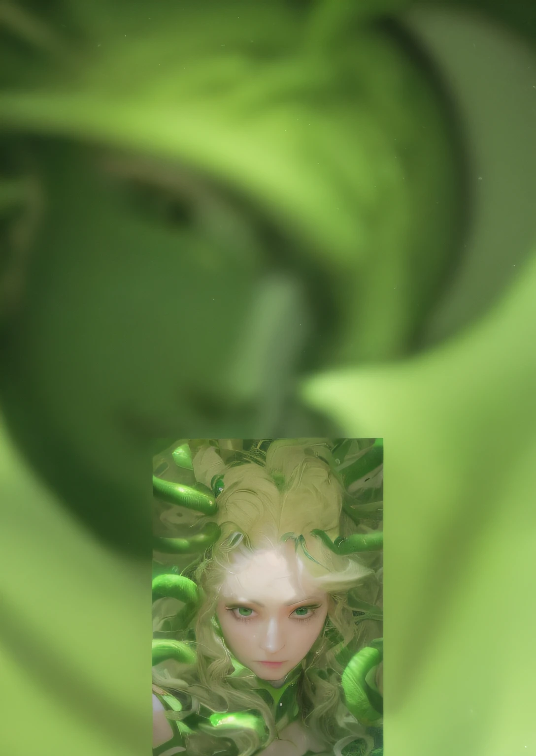 (Best quality,4K,8K,A high resolution,Masterpiece:1.2),Ultra-detailed,(Realistic,Photorealistic,photo-realistic:1.37),sportrait,Green-haired woman,Sad Medusa,lucio as a woman,fierce medusa,album covers,Background added (Solid),Medusa,curly blond hair,Blur boundaries,D&D,female lucio,male medusa,Stunning home screen artwork,phone background,a blonde emerald warrior,Green theme,