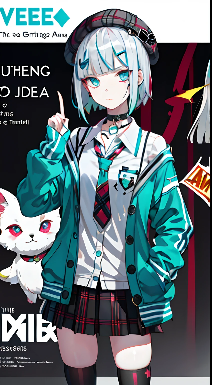 (((Dramatic)))、(((grittiness)))、(((vehement))))The poster of the film appears as a central character。She is shy in the center of the poster、Silver short bob hair，Wearing an idol costume、Has a determined look。The background is dark and rough、I feel like I'm drunk。Text is bold and eye-catching、Catchy slogans add to the overall drama and excitement。The color palette is dominated by dark colors.、Bright colors dotted、Make your poster dynamic and visually impactful、Tarch-Angstrom(Magazines:1.3)、(Cover-style:1.3)、独奏, Red gradient striped hair, short-hair, whaite hair, lilith(Vaka), black beret, Plaid skirts, choker necklace, Cyan sweater jacket, Shirt with collar, Black plaid tie, sleeves past fingers, bluntbangs、Fashionab、with a vibrant、Silver short bob hair、garments、lewd poses、frontage、extremely colorful、Dynamic、Background with、element、self-assured、Expressing the、ngel、statement、Attachment、A majestic、CW、enviroment、Touch、The scene、Texting、covers、boldface、grab attention、titles、Fashionab、font、Catchy、titles、Large、grab attention、moderno、 Trendy、concentrating、Stylish、1 girl in,A miniskirt，Silver short bob hair