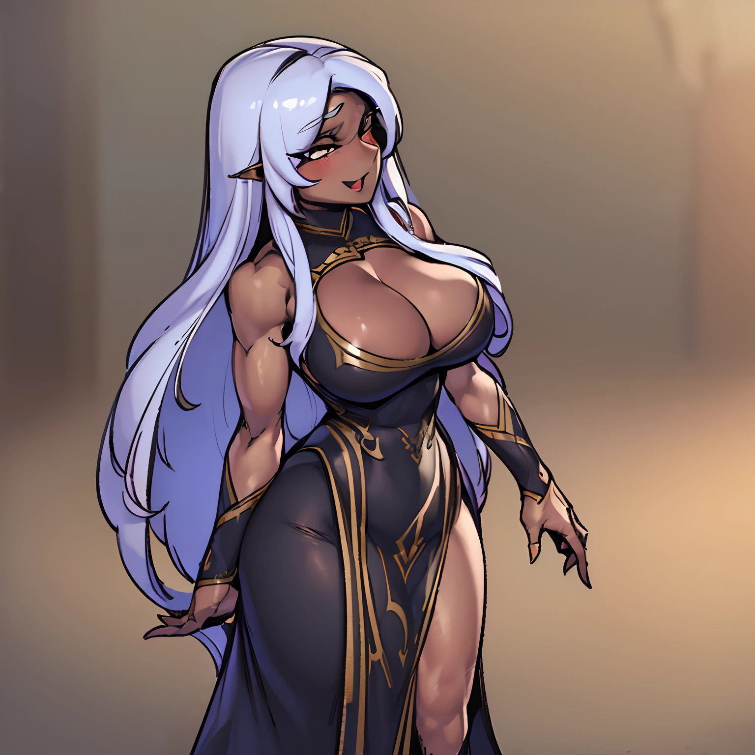 (best quality,4k,8k,highres,masterpiece:1.2), ultra-detailed, (realistic,photorealistic,photo-realistic:1.37), mature ebony-skinned female with long flowing silver hair, wearing a gilded form-fitting dress, curvy, thicc, has large black demon wings, has demonic horns, alluring gaze,