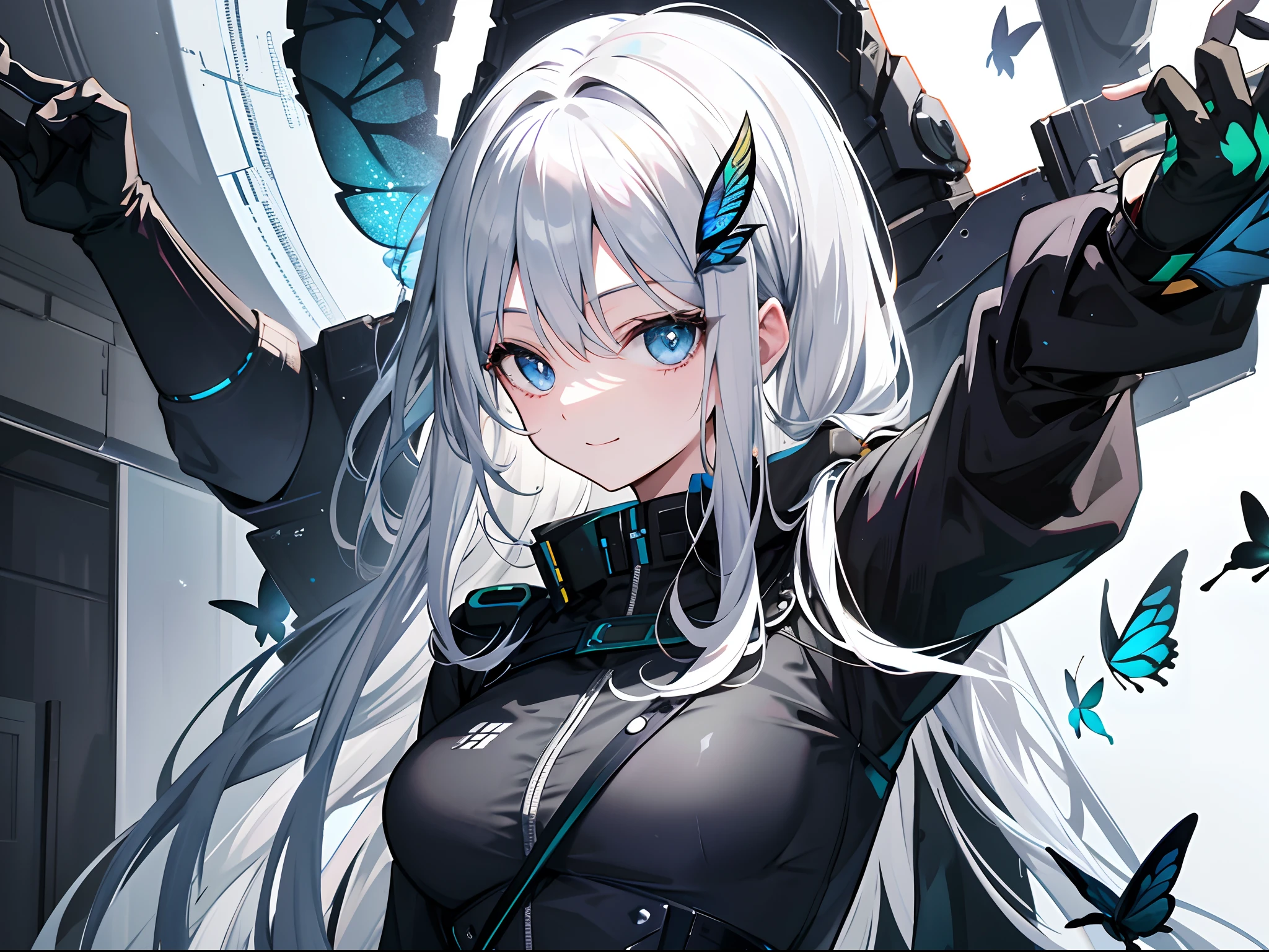 1 Silver-Haired Girl，Wearing black and green special forces combat uniforms、a smile，Gray interior、blue eyess、Butterflies made of machines々、Beautiful fece、Fine drawing、The background is a cave with a lot of ore