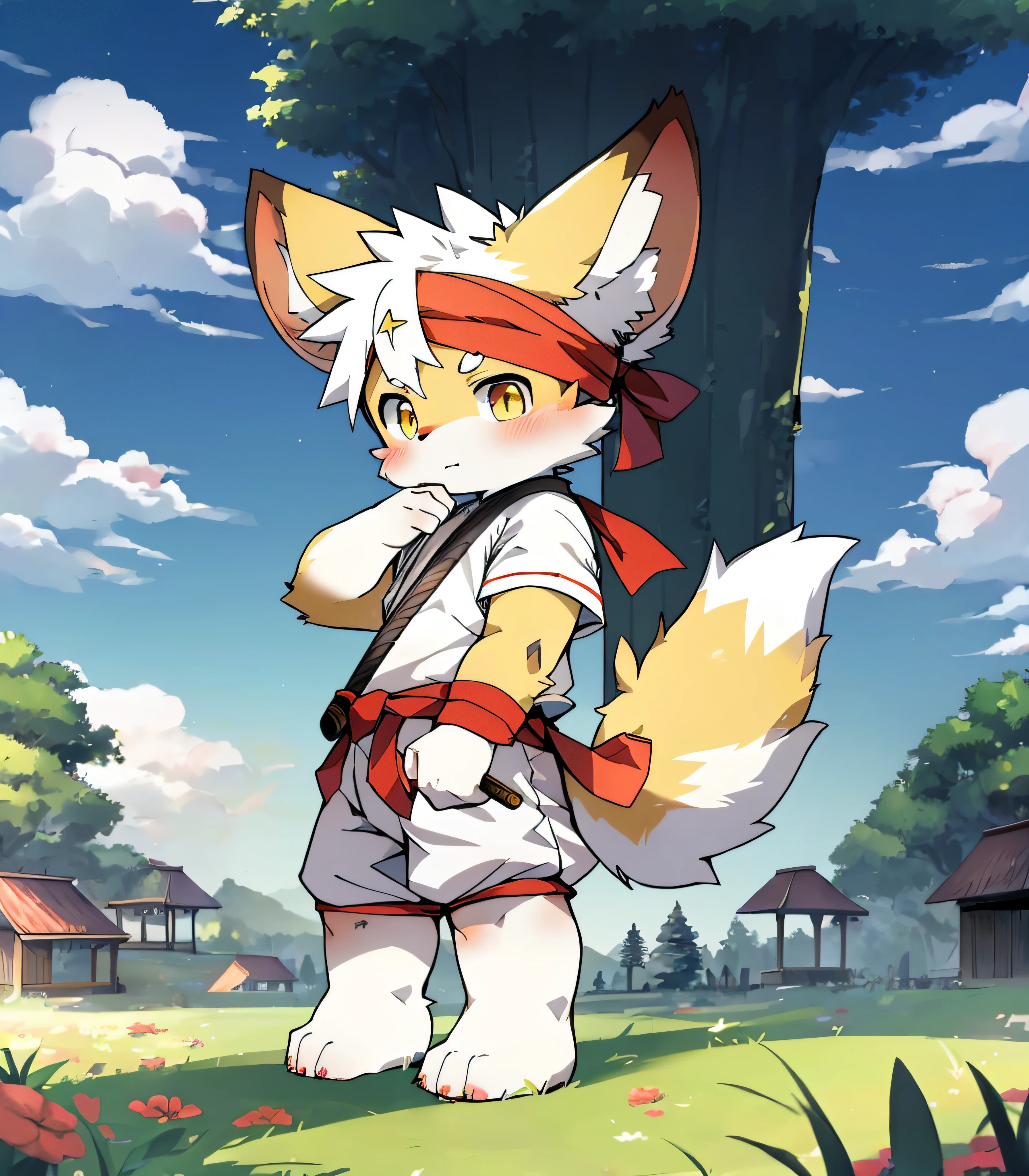 Dark yellow fur,Dark yellow fur,Dark yellow skin,Beast too,Orc boy,grassy fields,lawns,standing on your feet,Attention,blue-sky,shaggy,shaggy,Dark yellow fur,Dark yellow fur,Dark yellow fur,Dark yellow fur,male people,canid,adolable,adolable,adolable,solo person,White fur,Golden eyes,Thick eyebrows,Fluffy tail,white short sleeve,short white pants,ultra - detailed:1.0,Libido boy,toddle,toddlersoddlers,Cldren,children's,Gamine,Beast too,Beast too,Beast too,adolable,adolable,younge boy(Via Dagasi:1.1),anatomy correct,Barefoot clawed,Barefoot paws,standing on your feet,Attention,bald-headed,bald-headed,balding,balding,Dark yellow paws,Stand on the lawn,standing in grassy field,Stand on the lawn,red waistband,Red headband,Blood,A child with a katana in his hand,A child with a serious expression,Dark yellow fur
